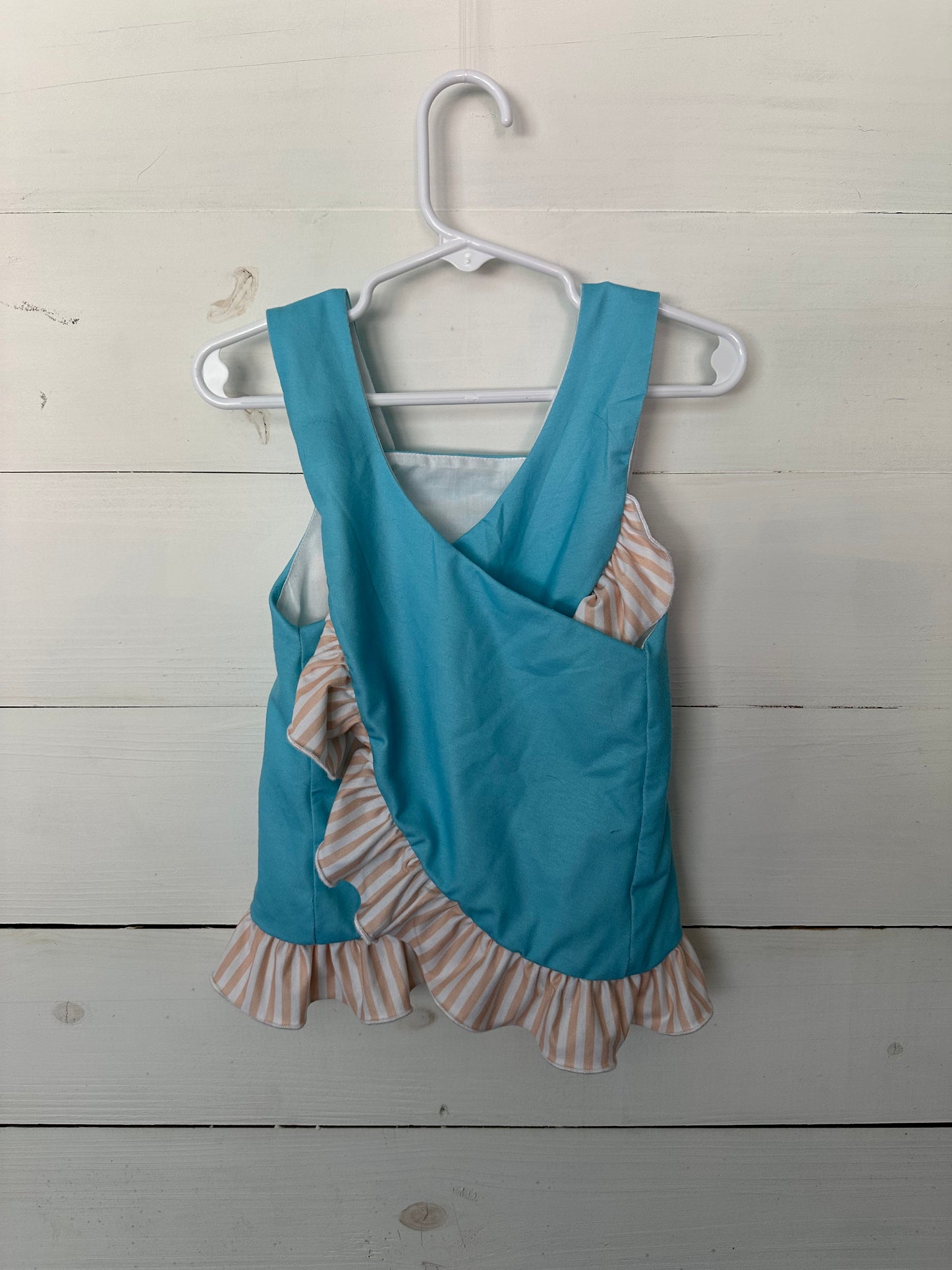 Carolina Smocks Co - Aqua ruffle top with sea animal smocks and coral striped accents/bloomers