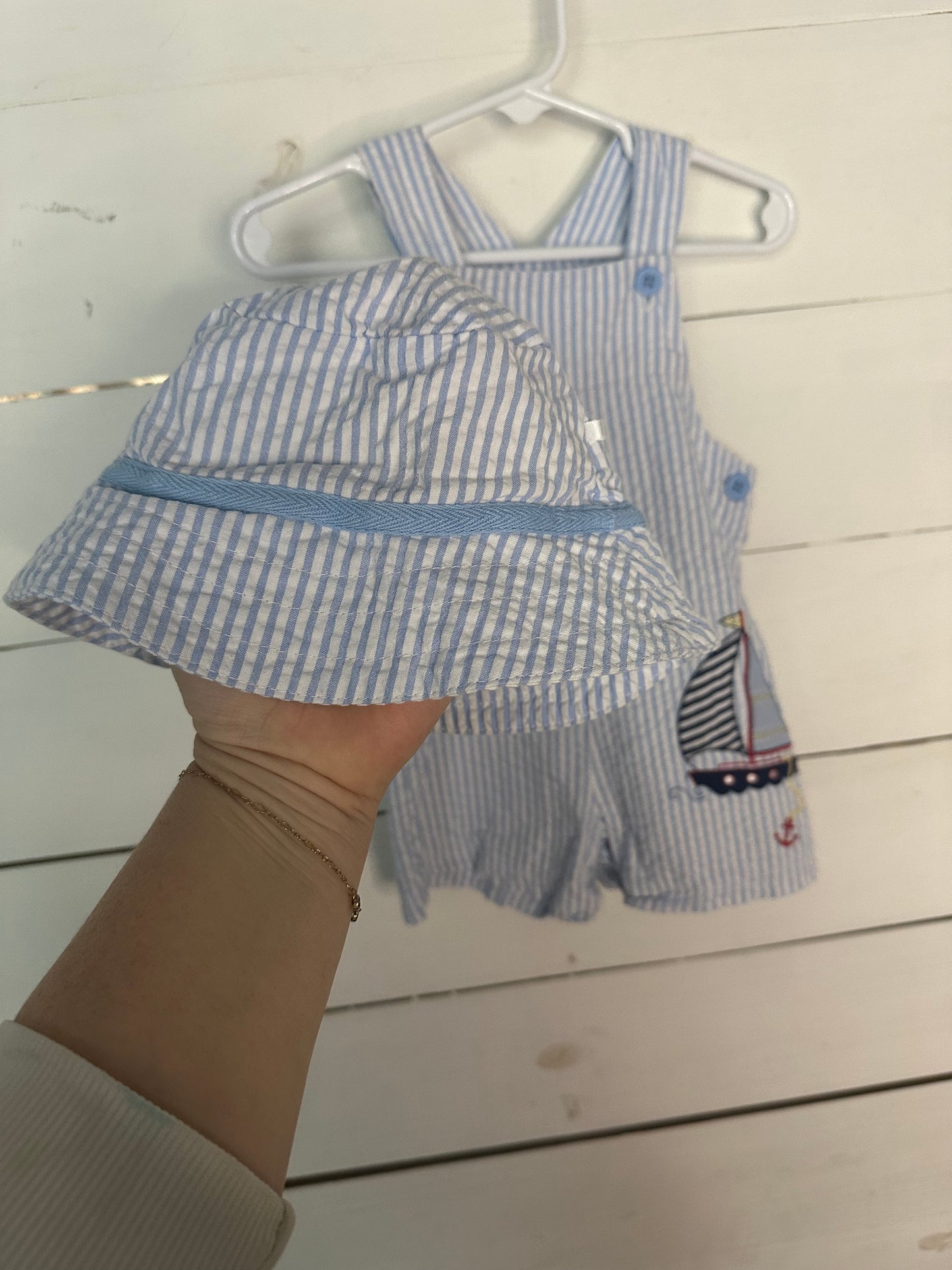 9M - Sail Boat Seersucker Jon Jon with matching hat