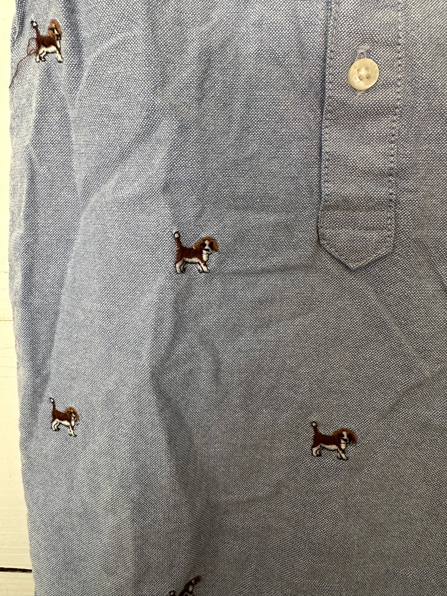 Janie and Jack Chambray Romper with embroidered dogs