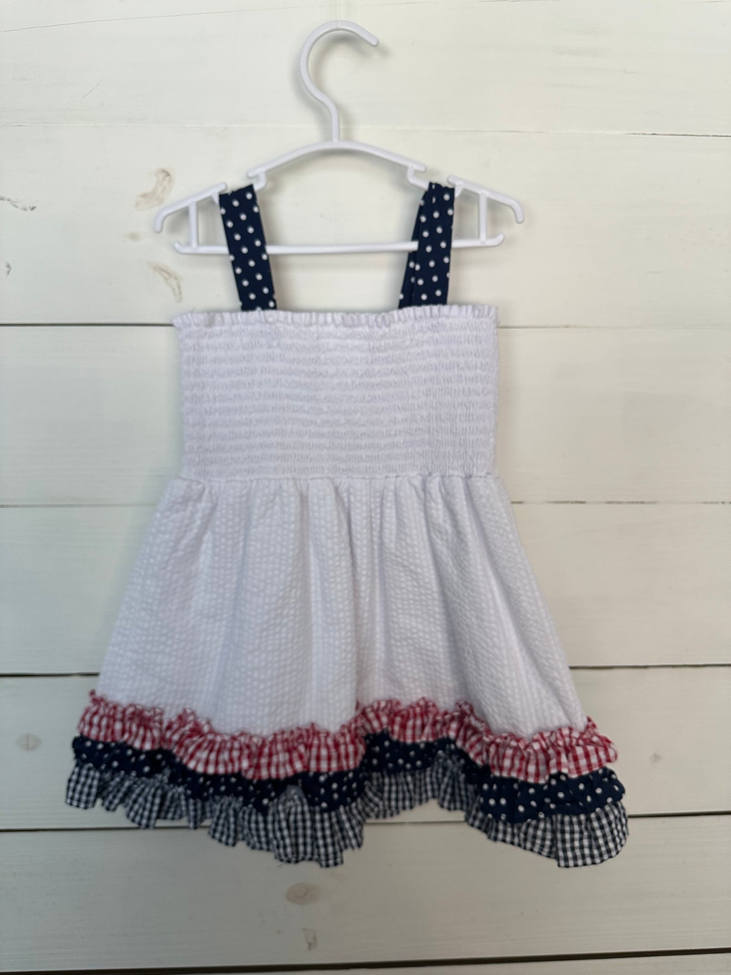2T - White Seersucker Dress with smocked top and patriotic details