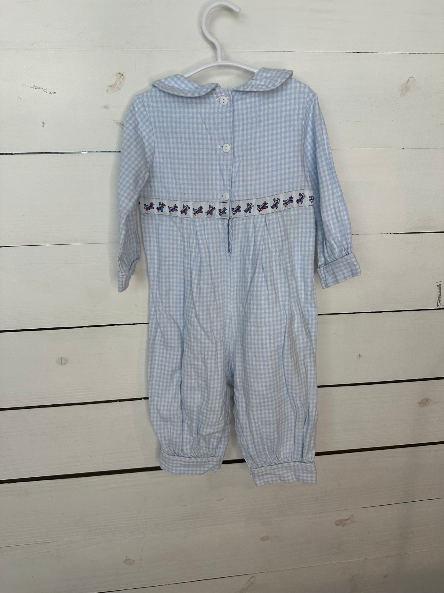 2T - Lime Green Baby Blue Gingham Romper with Airplanes - Thin Flannel Material