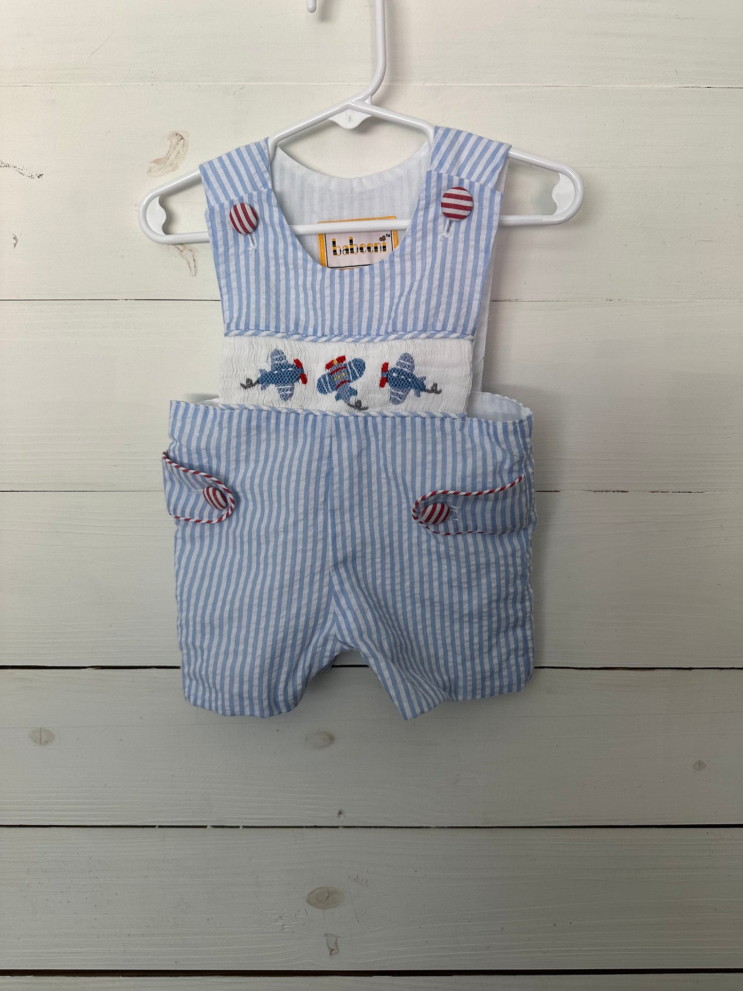 Blue Striped Jon Jon with Red Gingham Details and Smocked Airplanes