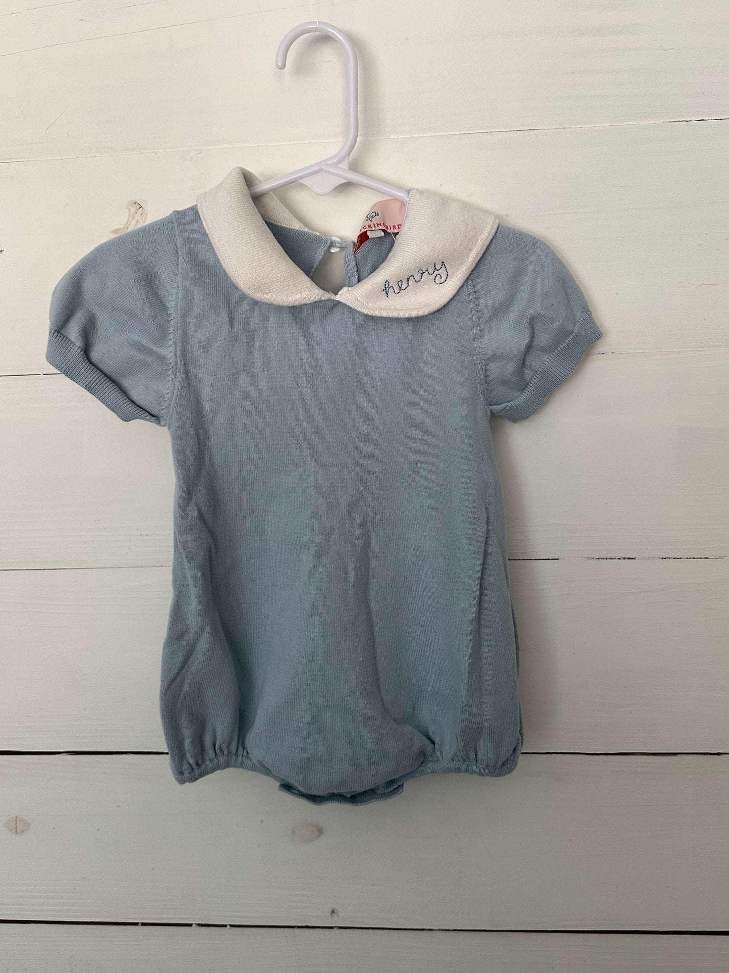 Smockingbird: Knit baby blue bubble with peter pan collar and henry embroidered