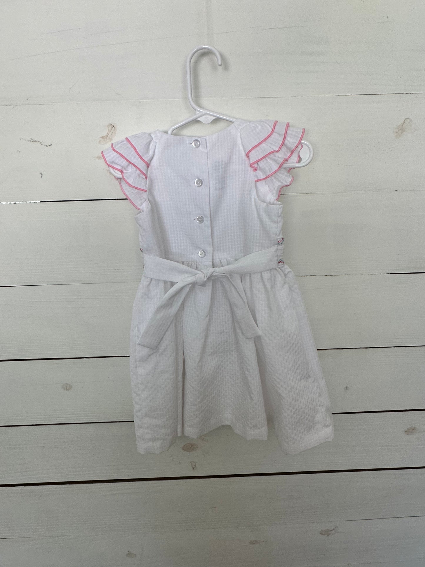 2T - White Bonnie Jean Dress with Smocked flowers and flutter sleeves