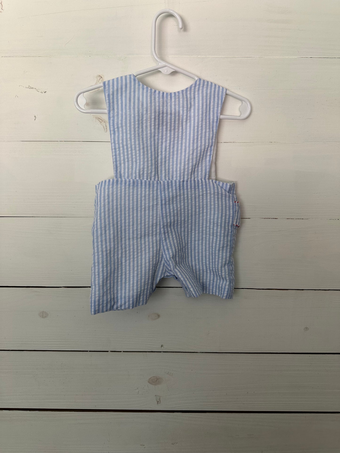 Blue Striped Jon Jon with Red Gingham Details and Smocked Airplanes