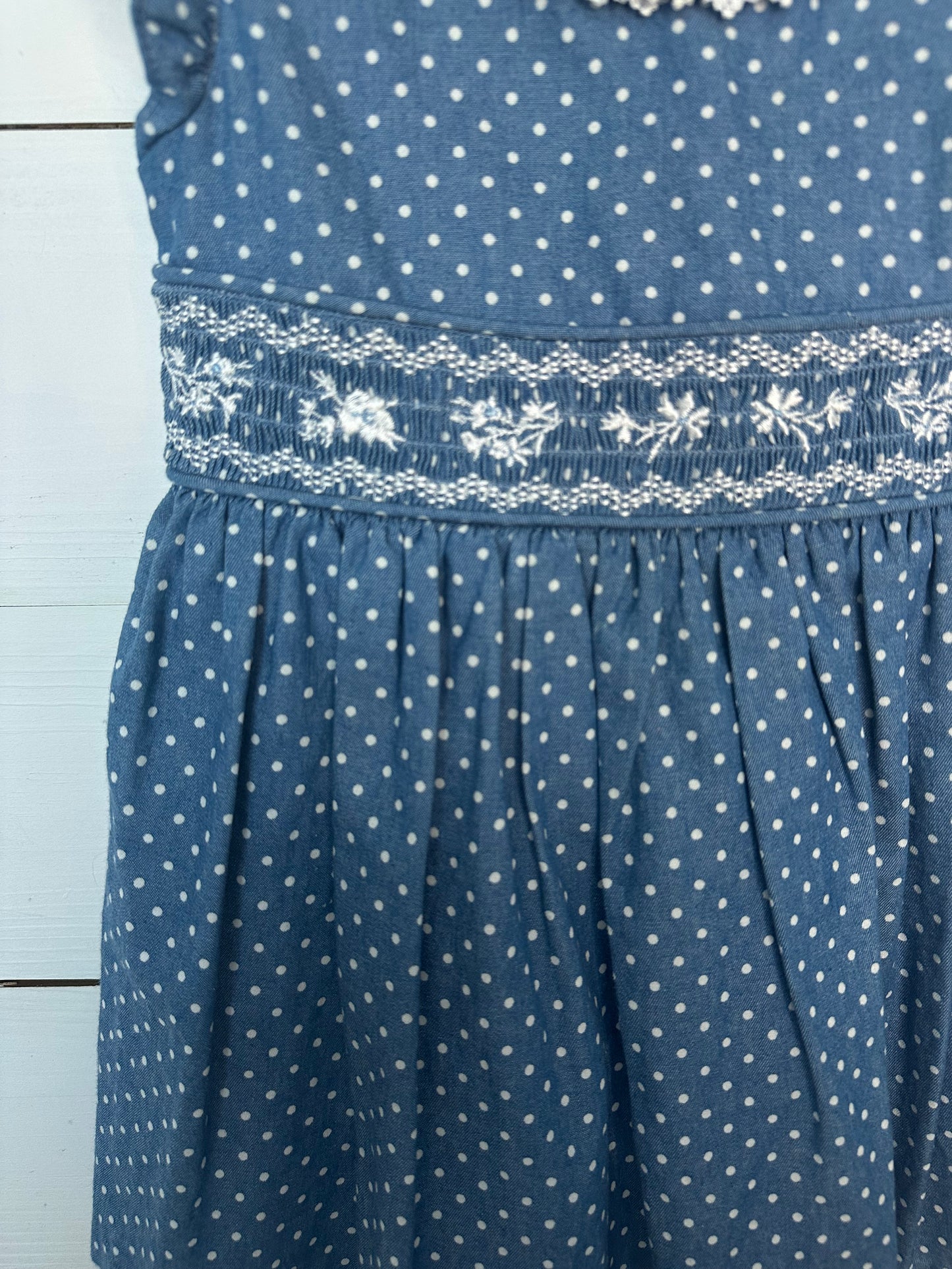 2T Bonnie Jean Chambray Polka Dot Smocked Dress with flutter sleeves
