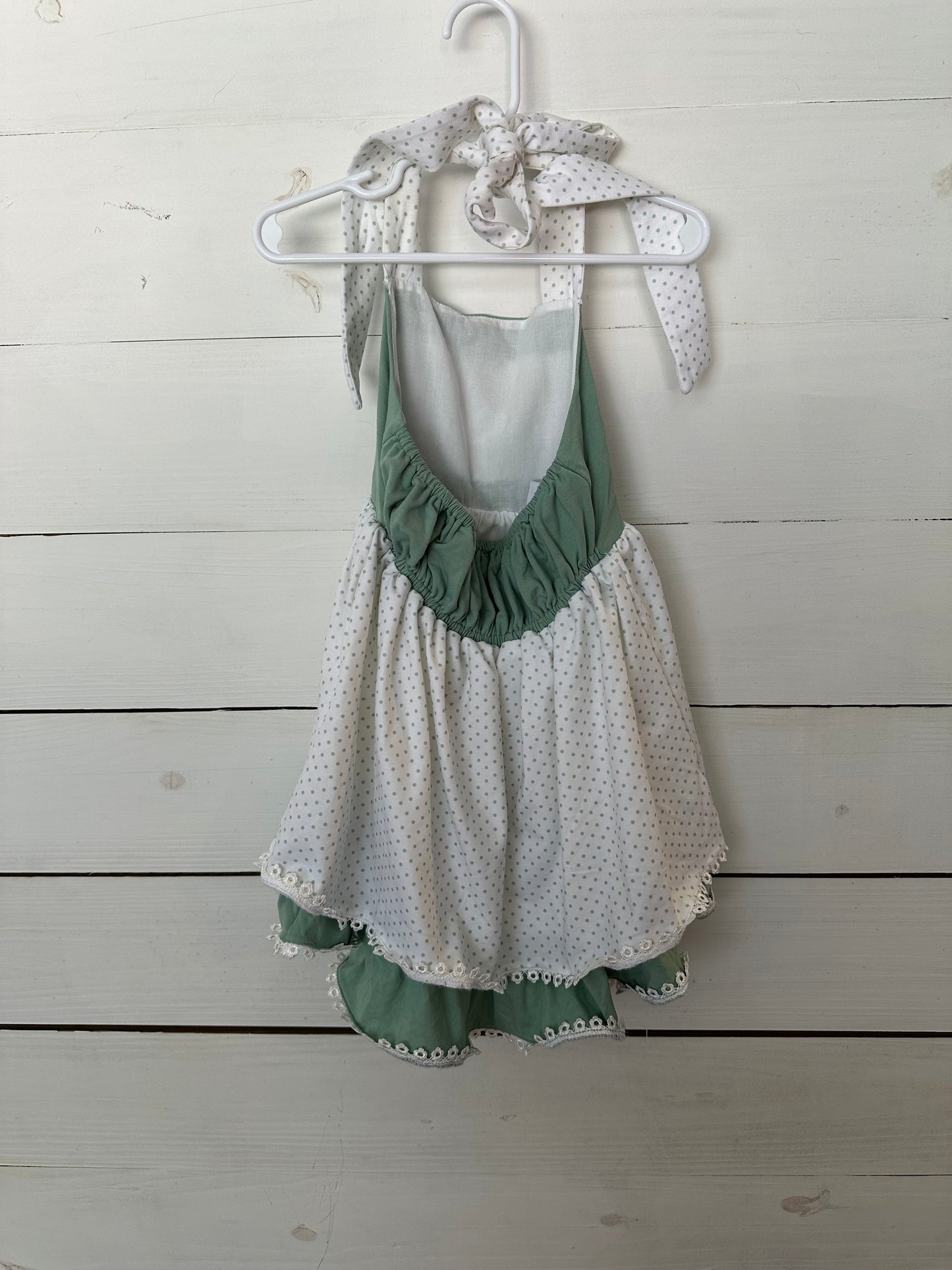 Saving Grace Smocks Sage Green French knot white pumpkin halter dress