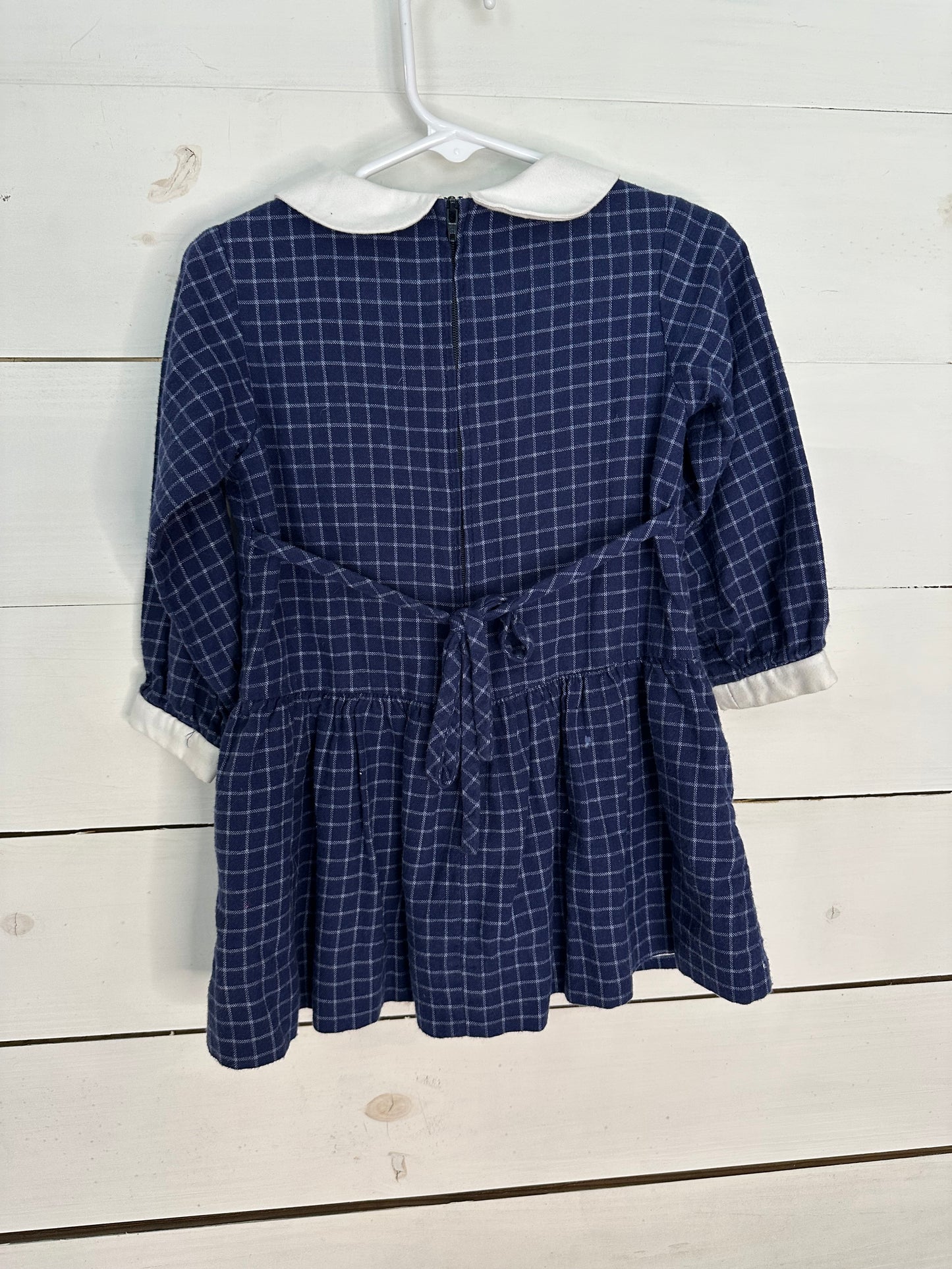 3T - Florence Eiseman Navy and Plaid Window Pain Plaid Dress with Appliqued Flower Pockets