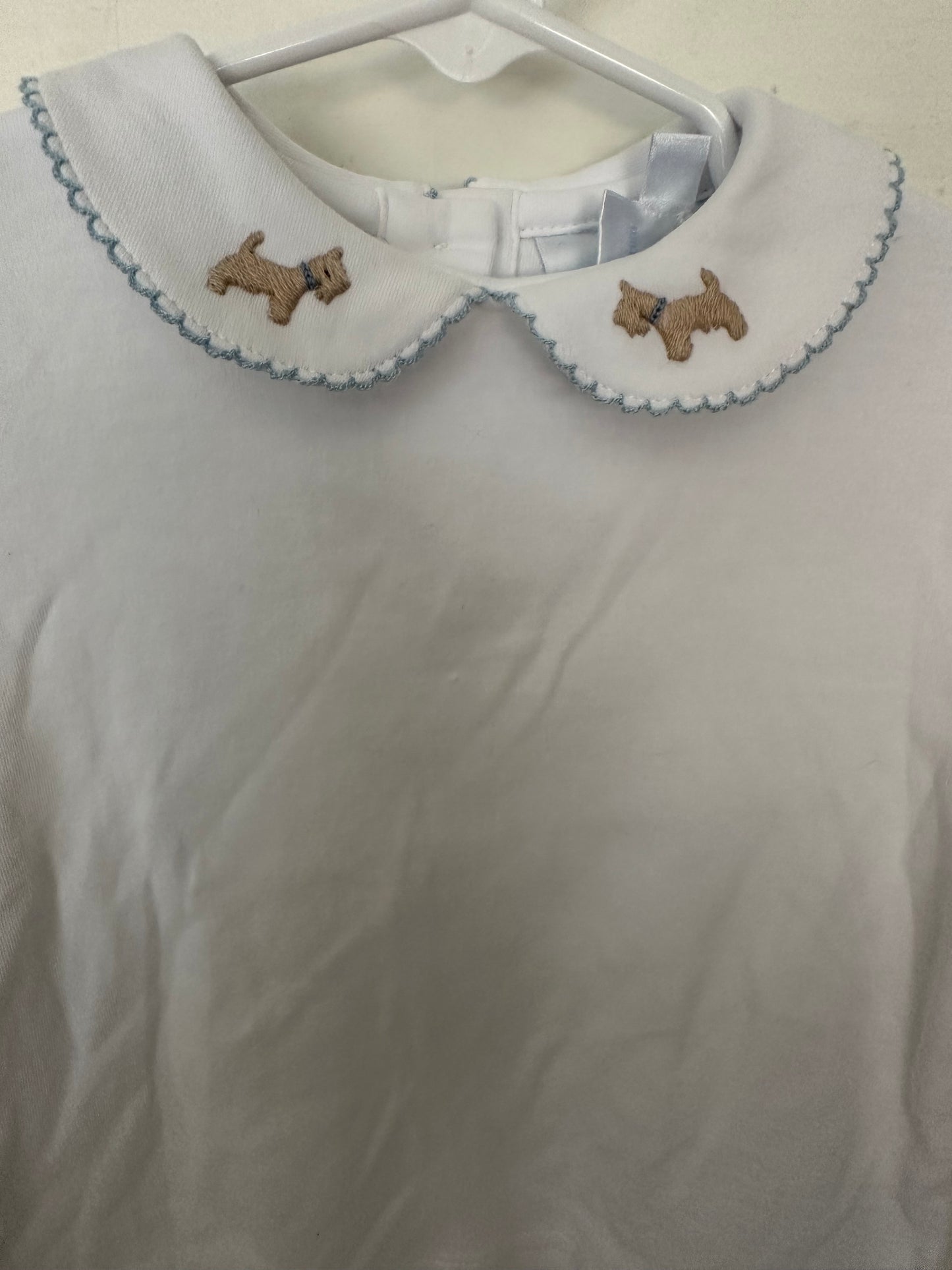 Little English: White peter pan collar shirt with blue stitching on collar and embroidered tan Scotties with blue collars