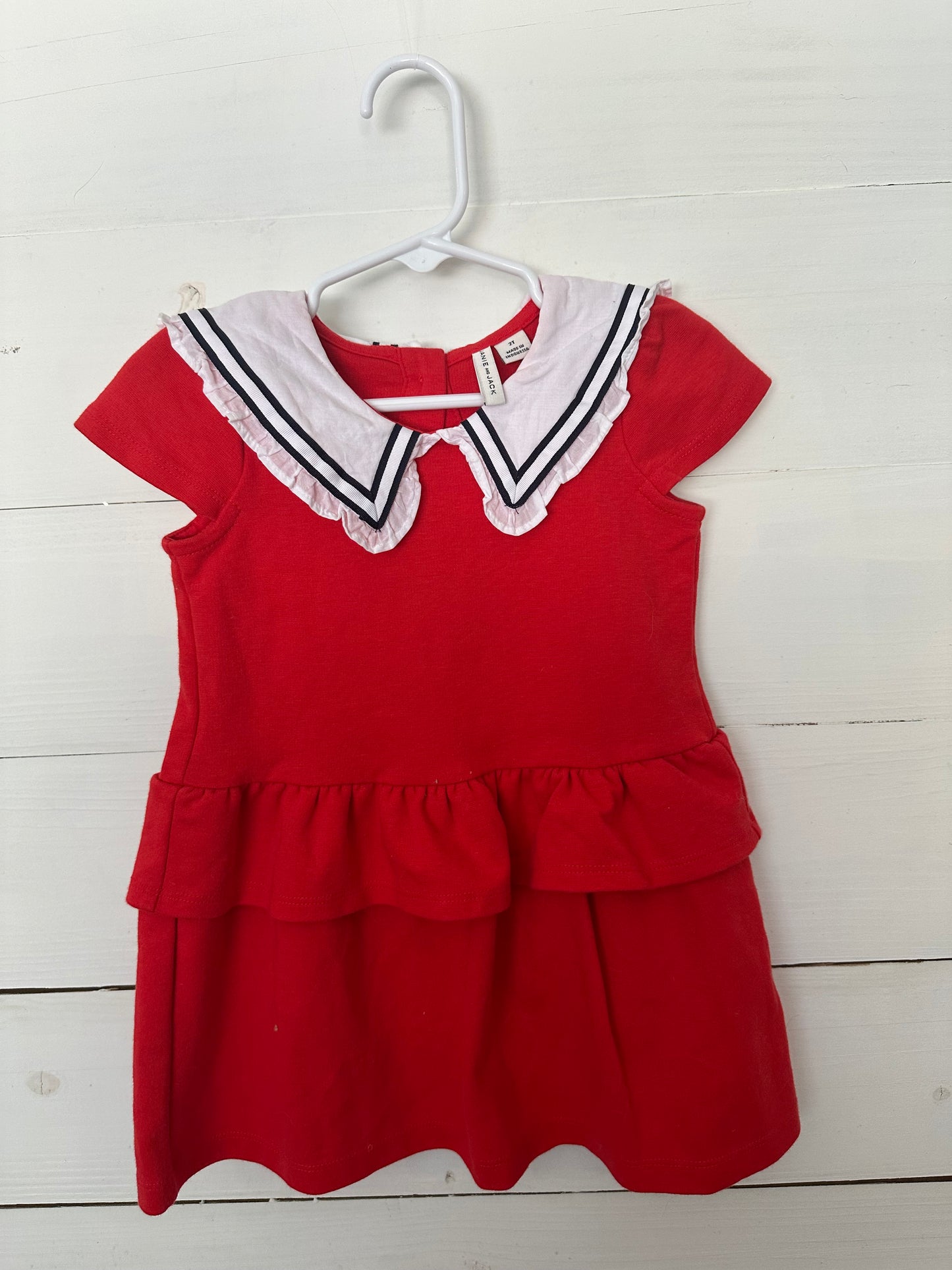 2T - Janie & Jack Red Dress with White & Navy Sailor Collar Detail and small ruffle around waist