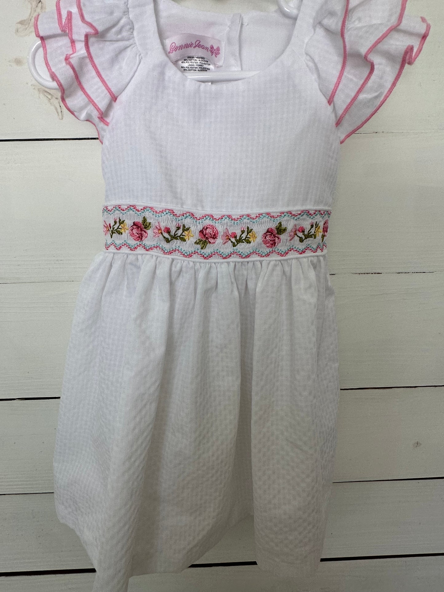 2T - White Bonnie Jean Dress with Smocked flowers and flutter sleeves