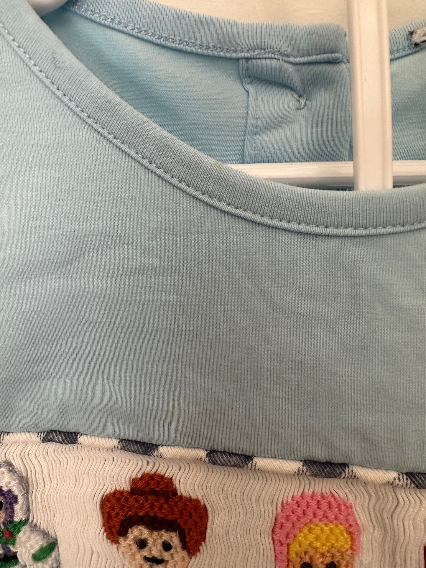 MK Clothing Designs - Smocked Toy Story Baby Blue Top with ruffle sleeves - matching gingham pants