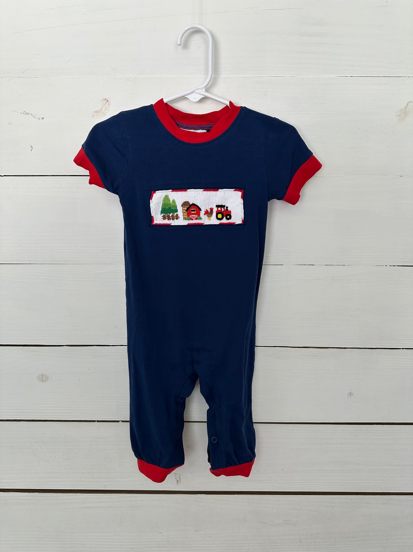 9M- Navy Blue Farm Animal Smocked Romper - Busy Bee Smocks