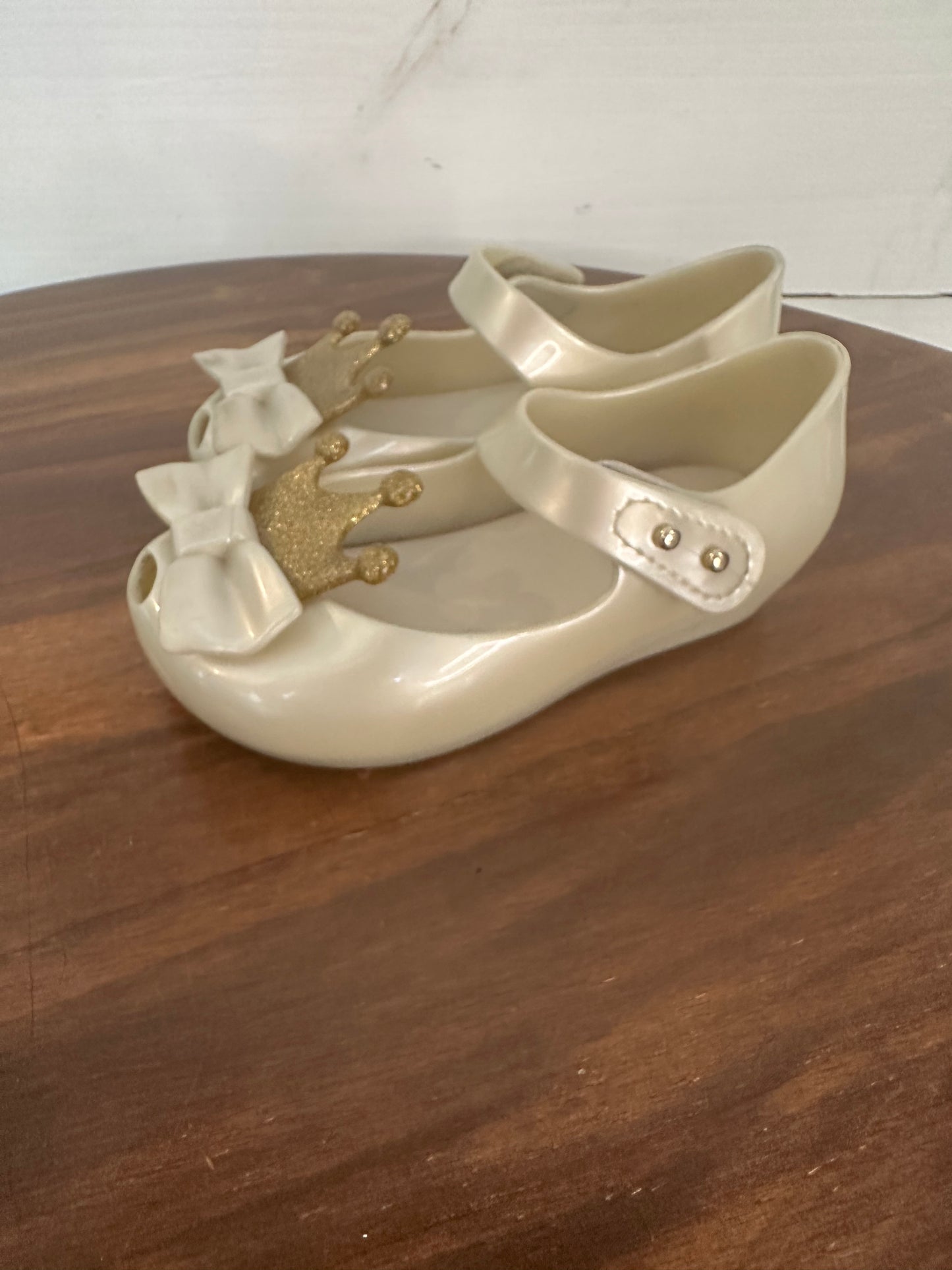 8 - Mini Melissa Silver Shoes with Bows and Gold Sparkle Crown