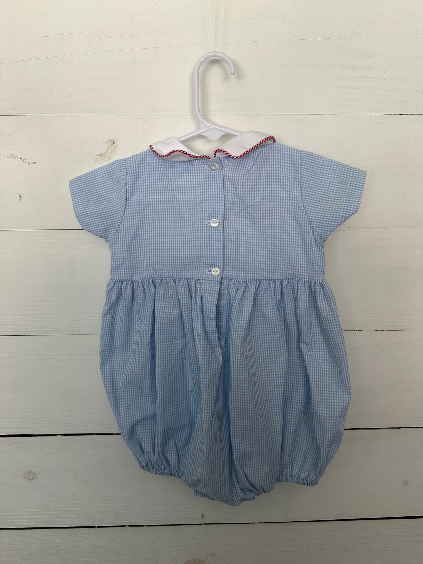 Lulu Bebe: Blue gingham bubble with mickey mouse embroidered
