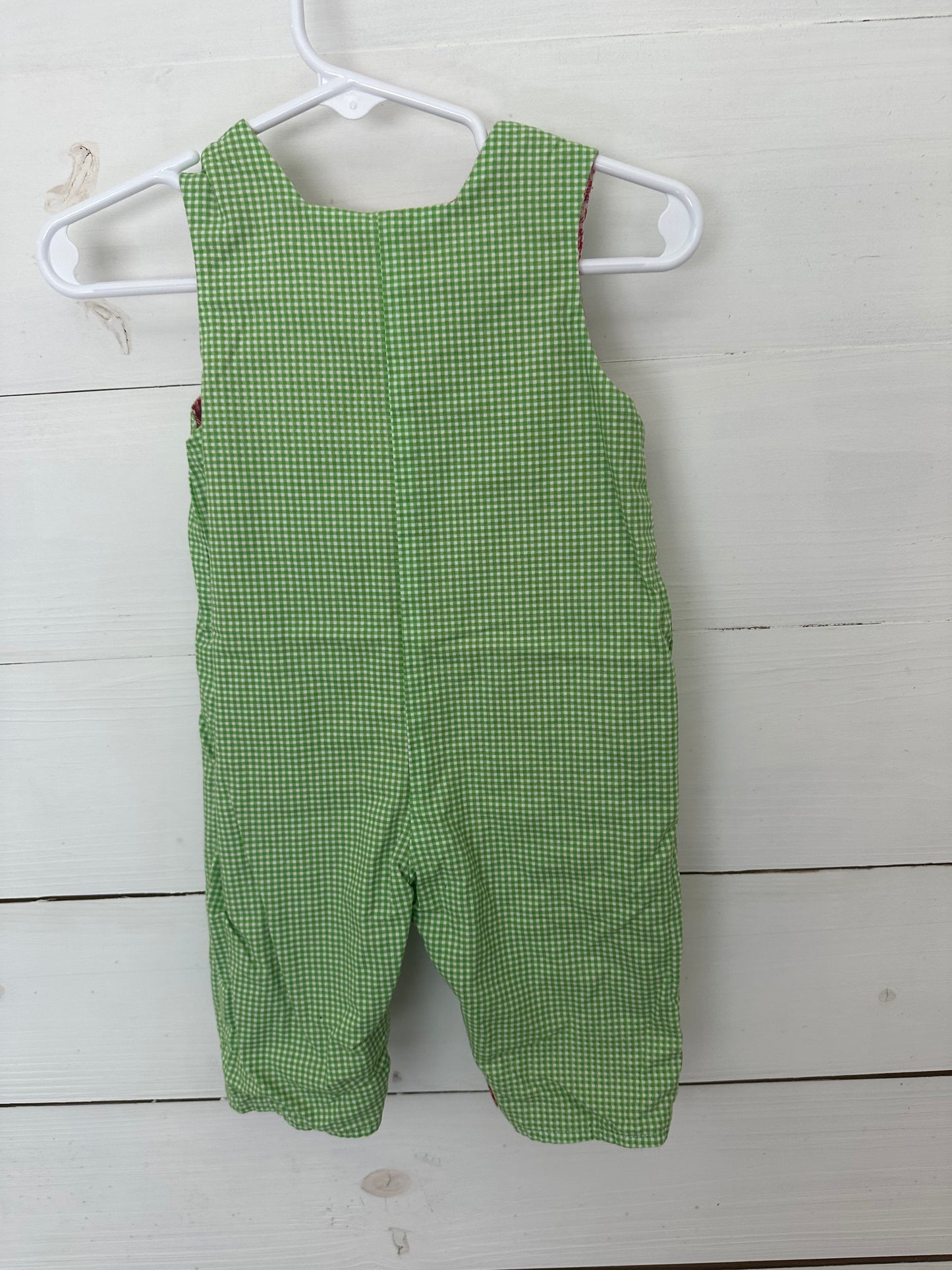 The Bailey Boys - Reversible Overalls Red Gingham with white dog - green gingham with sports balls with santa hats