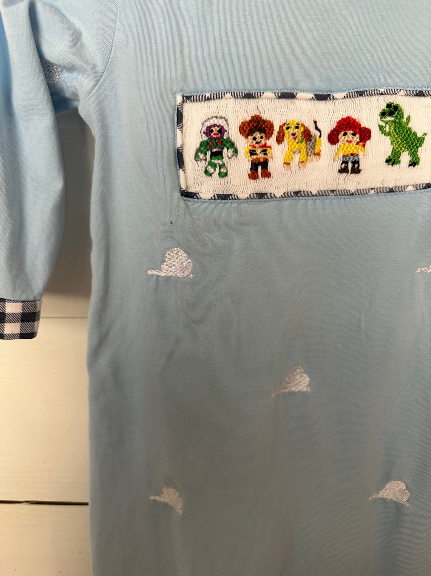MK Clothing Designs - Smoked Toy Story Characters Baby Blue Romper with Embroidered Clouds and Navy Gingham Details