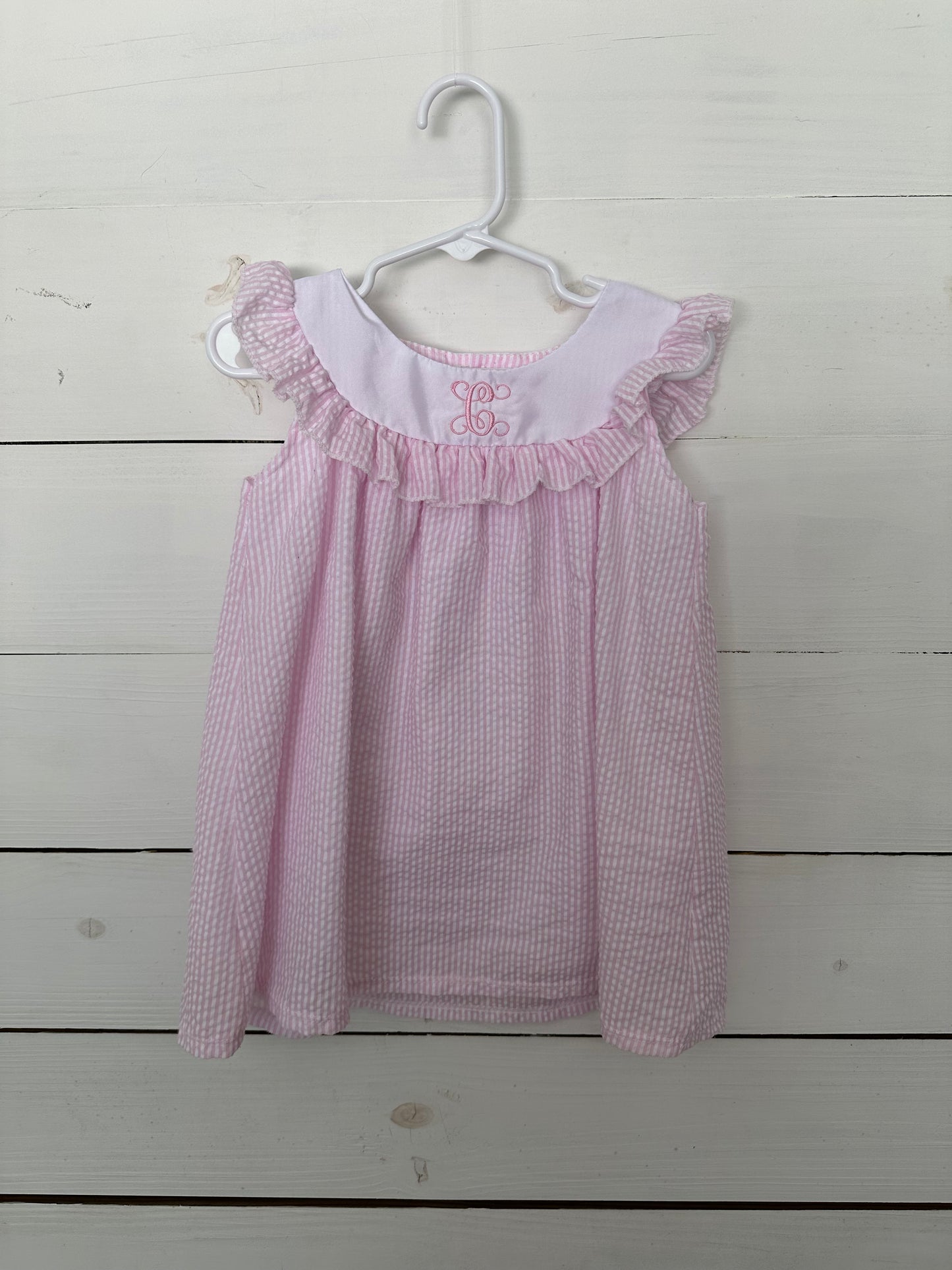 12/18M - Pink Seersucker dress with C personalization