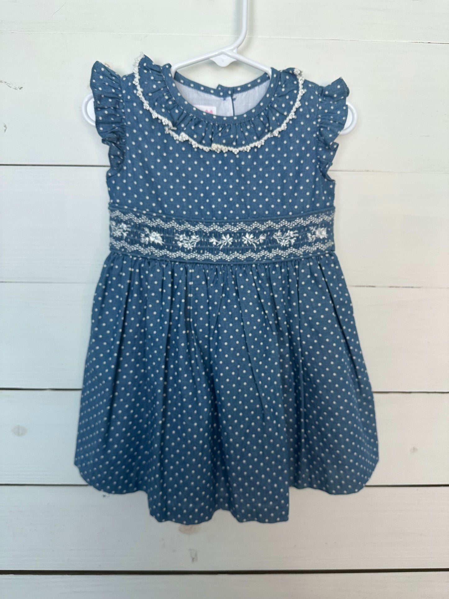 2T Bonnie Jean Chambray Polka Dot Smocked Dress with flutter sleeves
