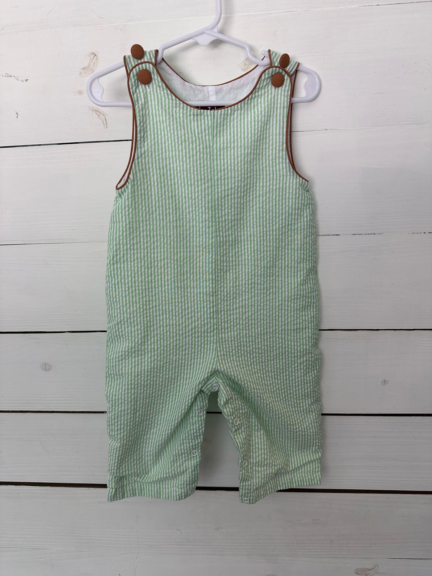 12/18m - Lil Cactus Green Seersucker Jon Jon's with Brown Piping