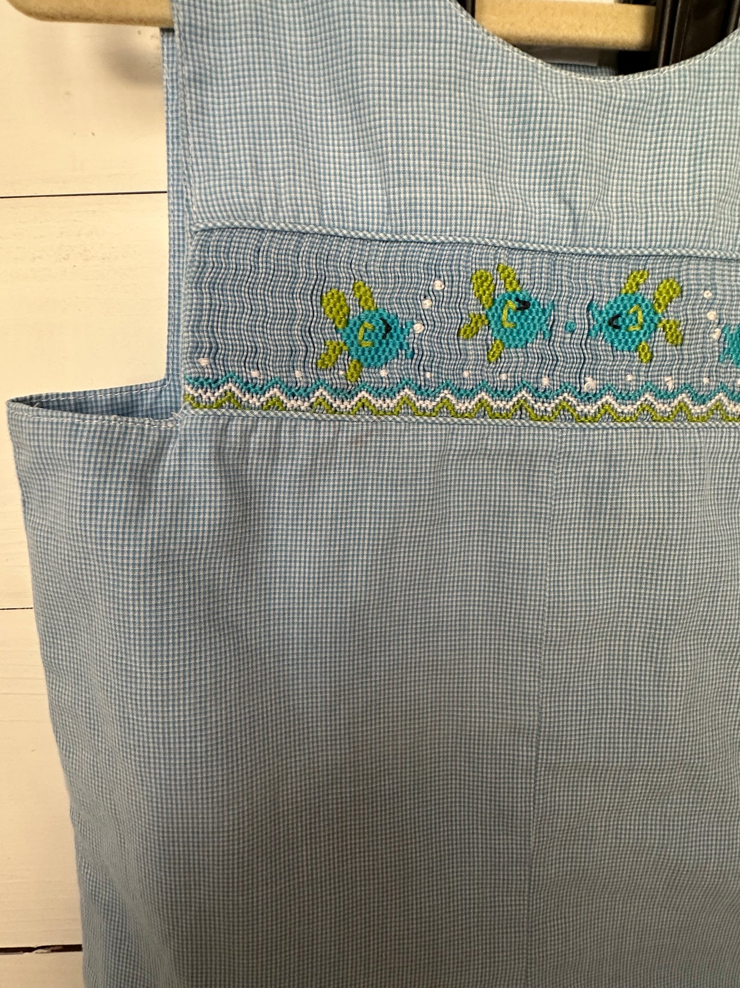 Amanda Remembered - Handmade Children's Clothing - Blue Gingham Jon Jons with Smocked Fish