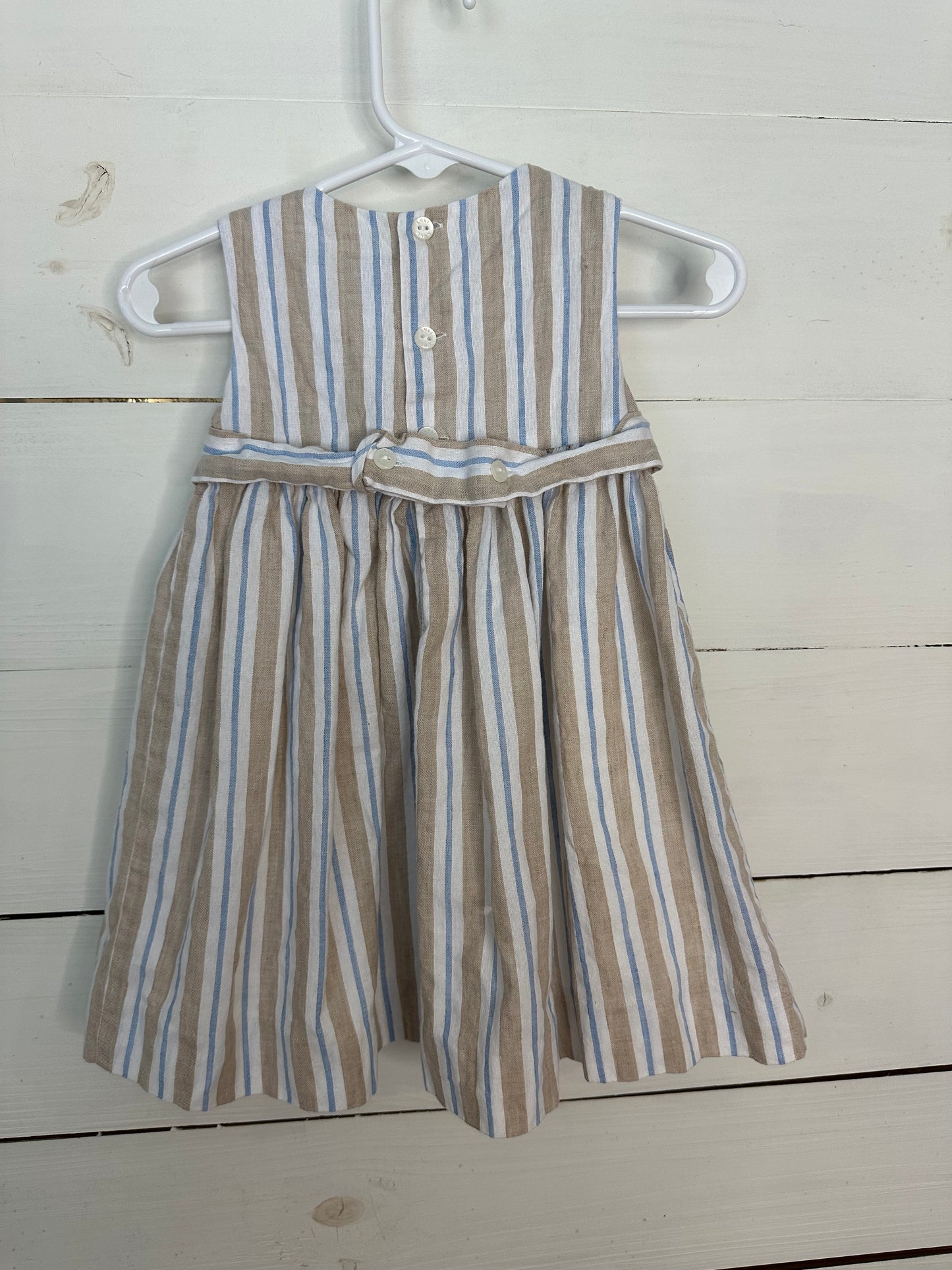 12m - Luli & Me Smocked Dress - Taupe, White, & Blue