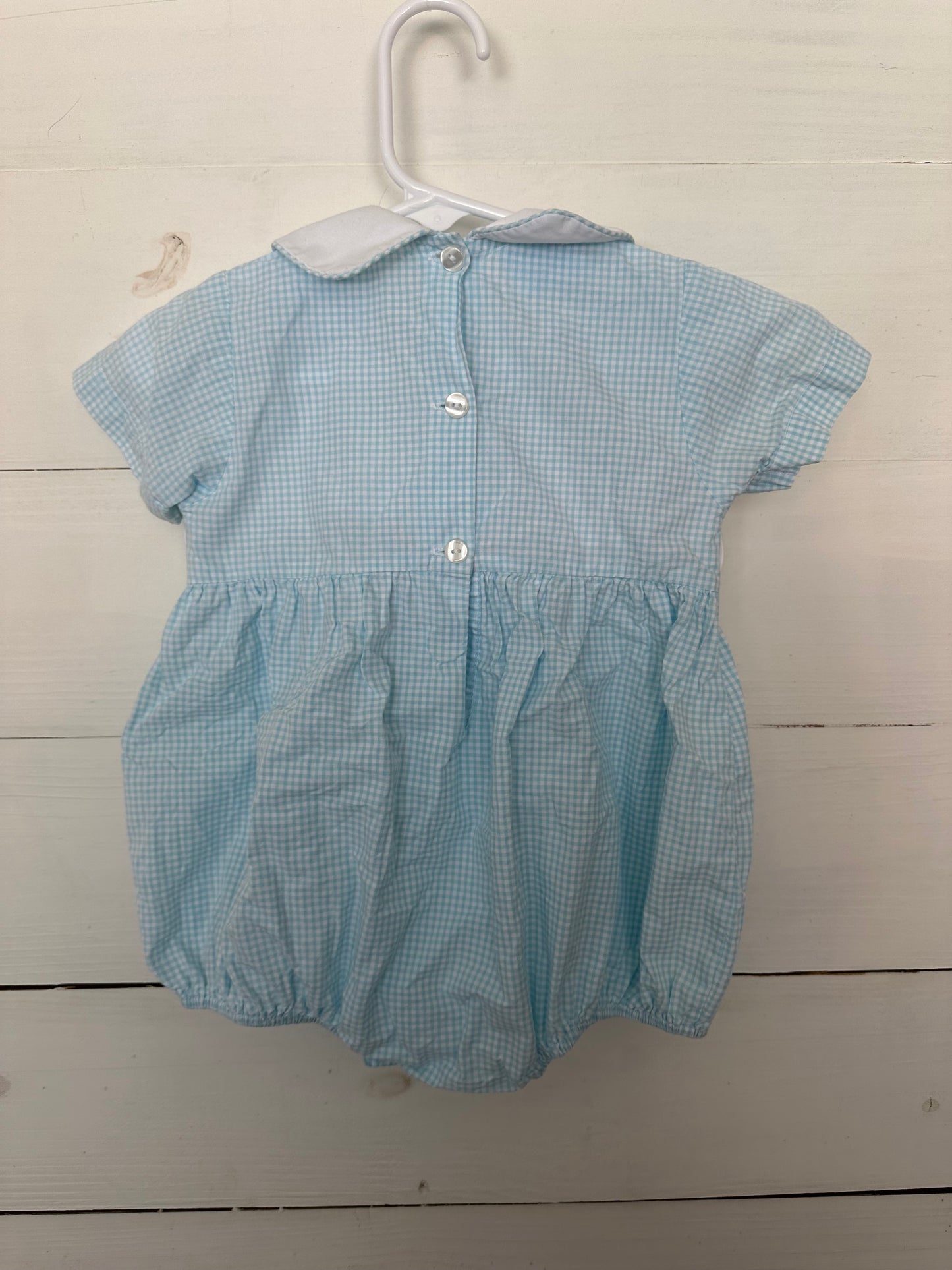 Petit Bebe: Blue gingham bubble with smocked elephants & peter pan collar