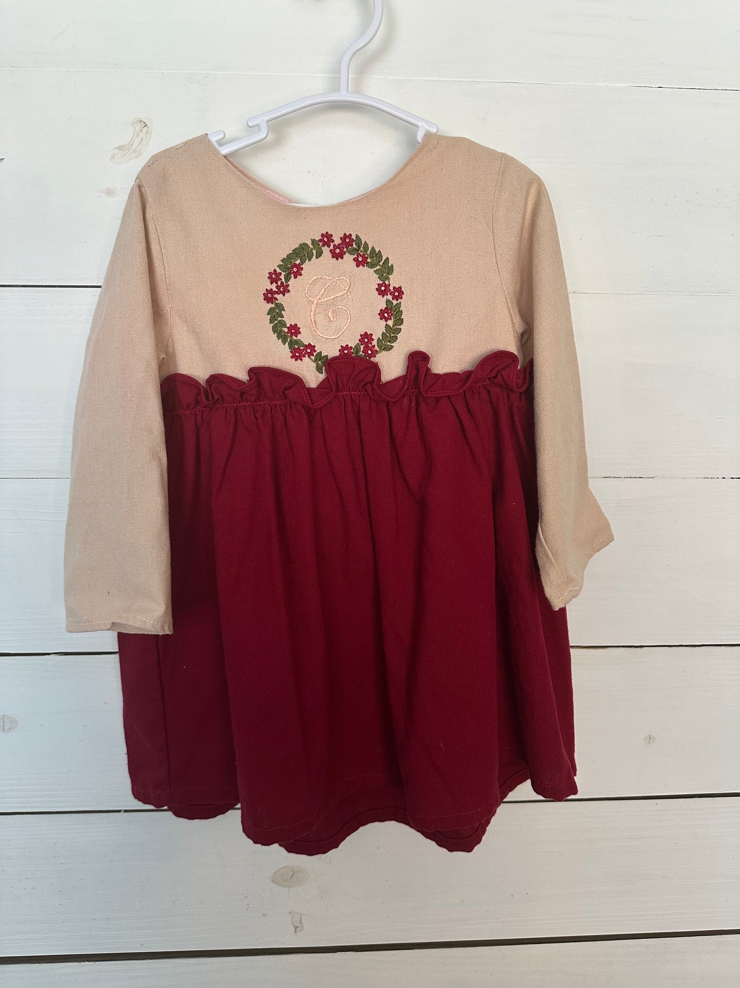 2T - Smock The Flock - Hand Embroidered Maroon, Taupe, and Green Color Blocked Dress with C Personalization