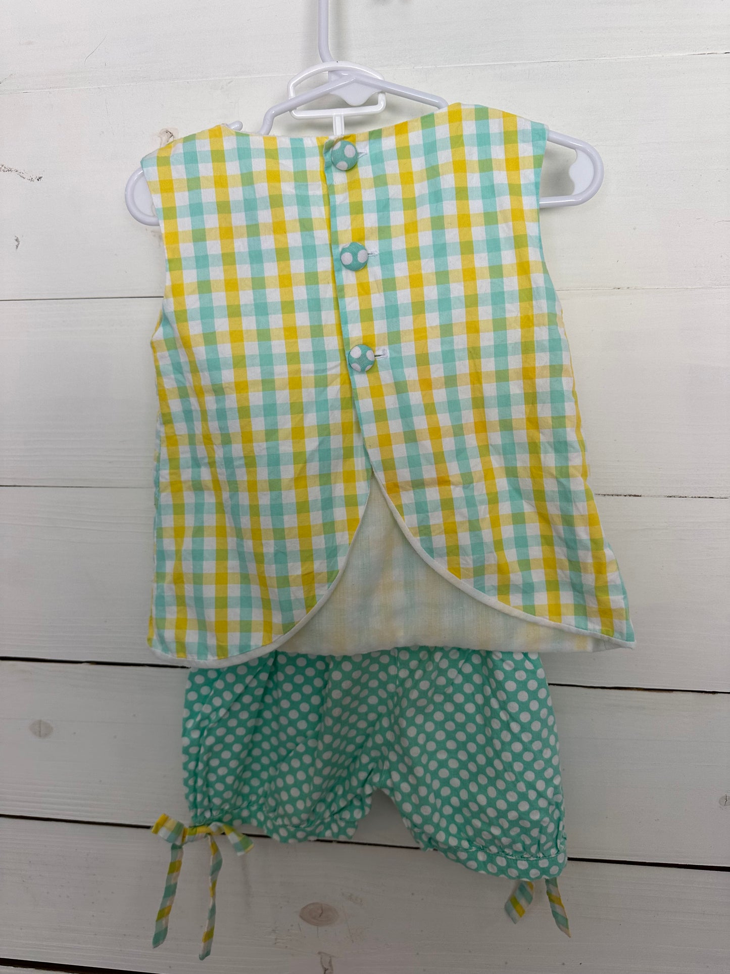 Sugar Dumplin: Yellow & Mint Girls 2 Piece Set with Appliqued Pineapple & matching shorts.