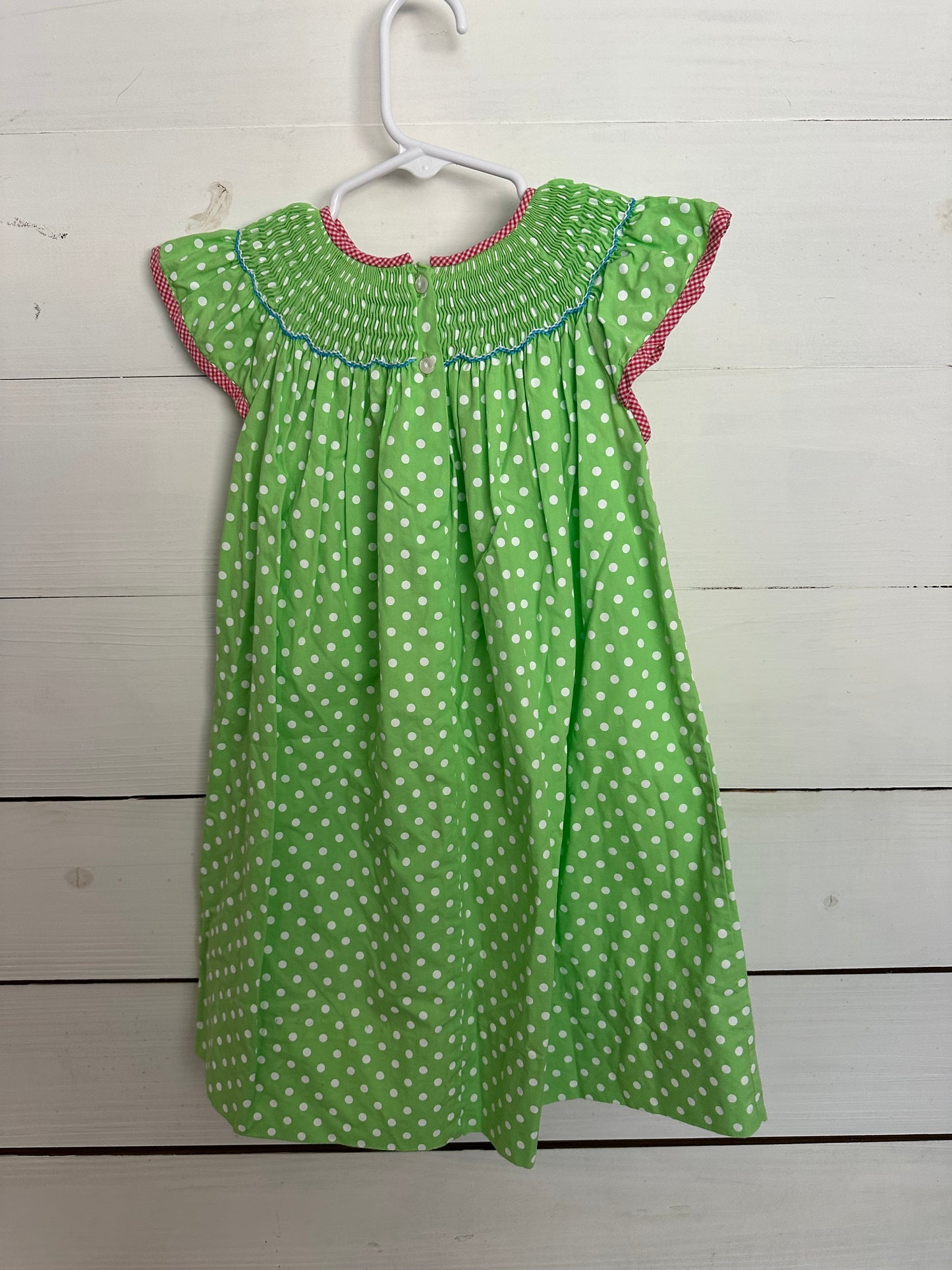 Velani Classics Green Polka Dot with Smocked Grabs and Red Gingham Detailed Bishop Dress