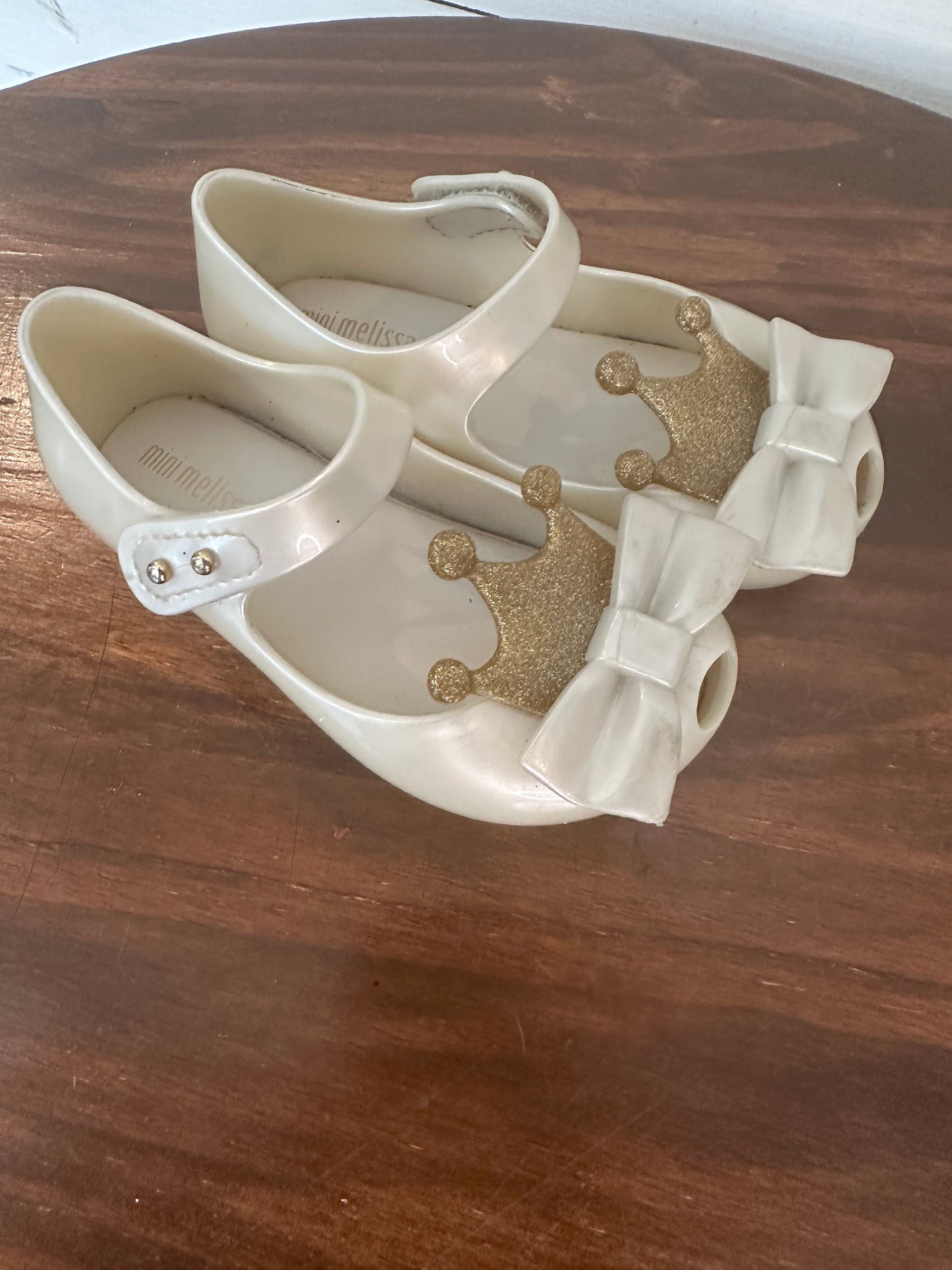 8 - Mini Melissa Silver Shoes with Bows and Gold Sparkle Crown
