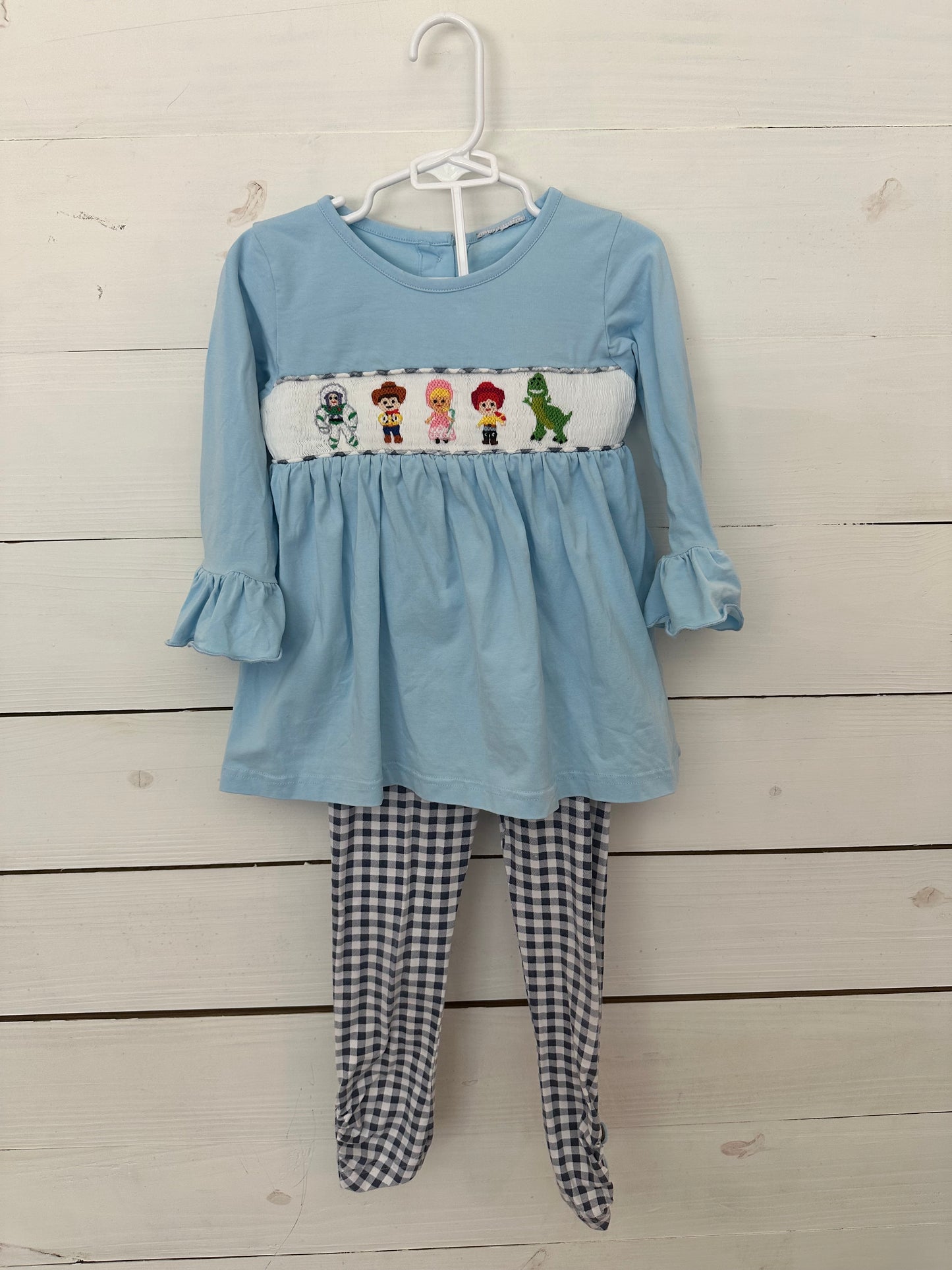 MK Clothing Designs - Smocked Toy Story Baby Blue Top with ruffle sleeves - matching gingham pants