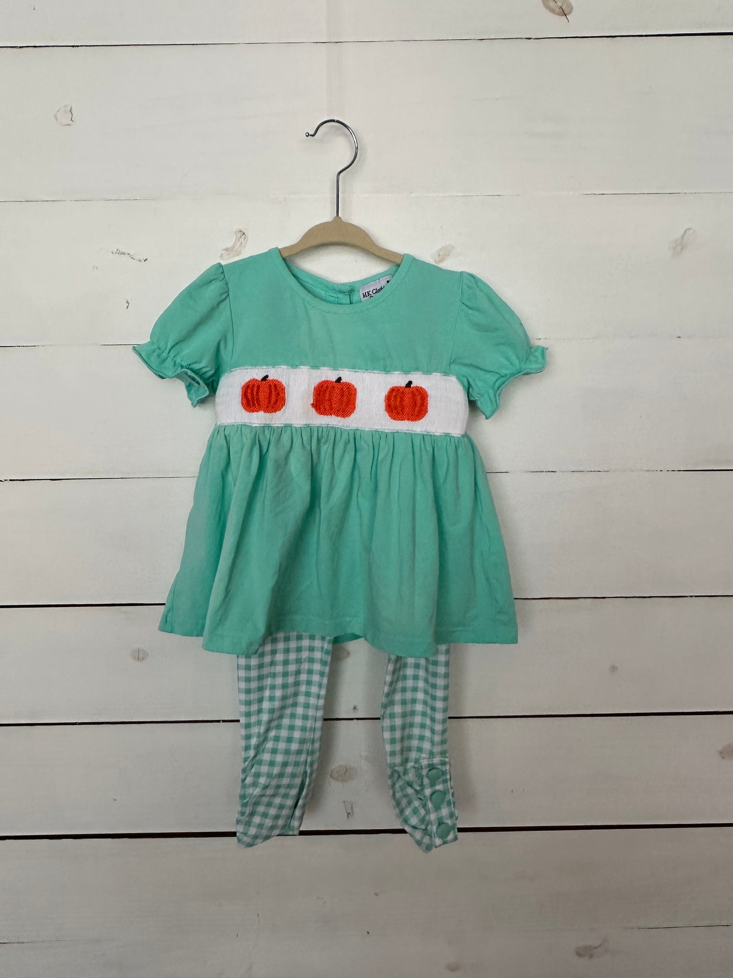 MK Designs Mint Green Baby Doll Top with Smocked Pumpkins and Matching Gingham Leggings