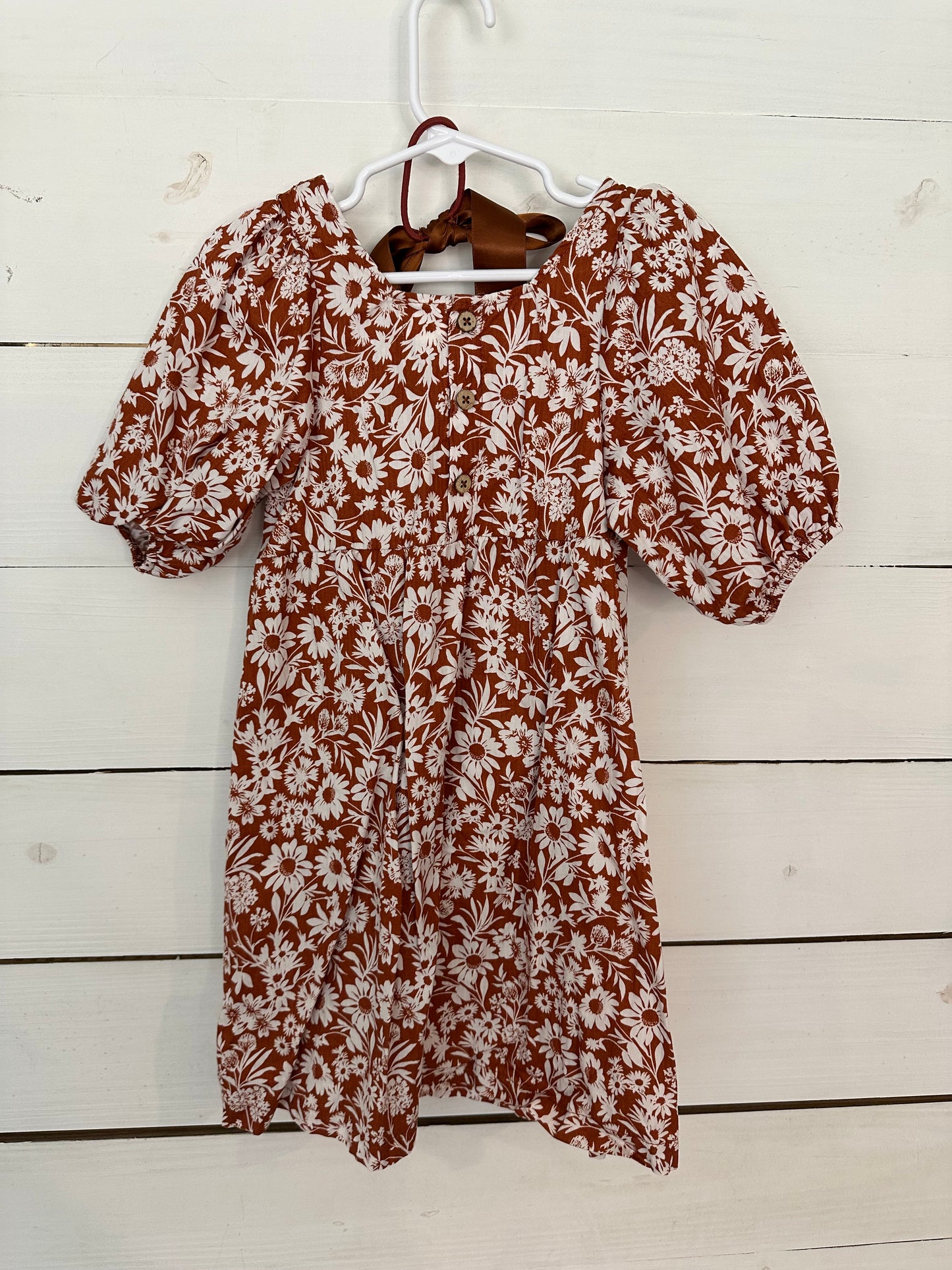 5T - Rust Floral Rabbit + Bear Organic Dress and matching bow