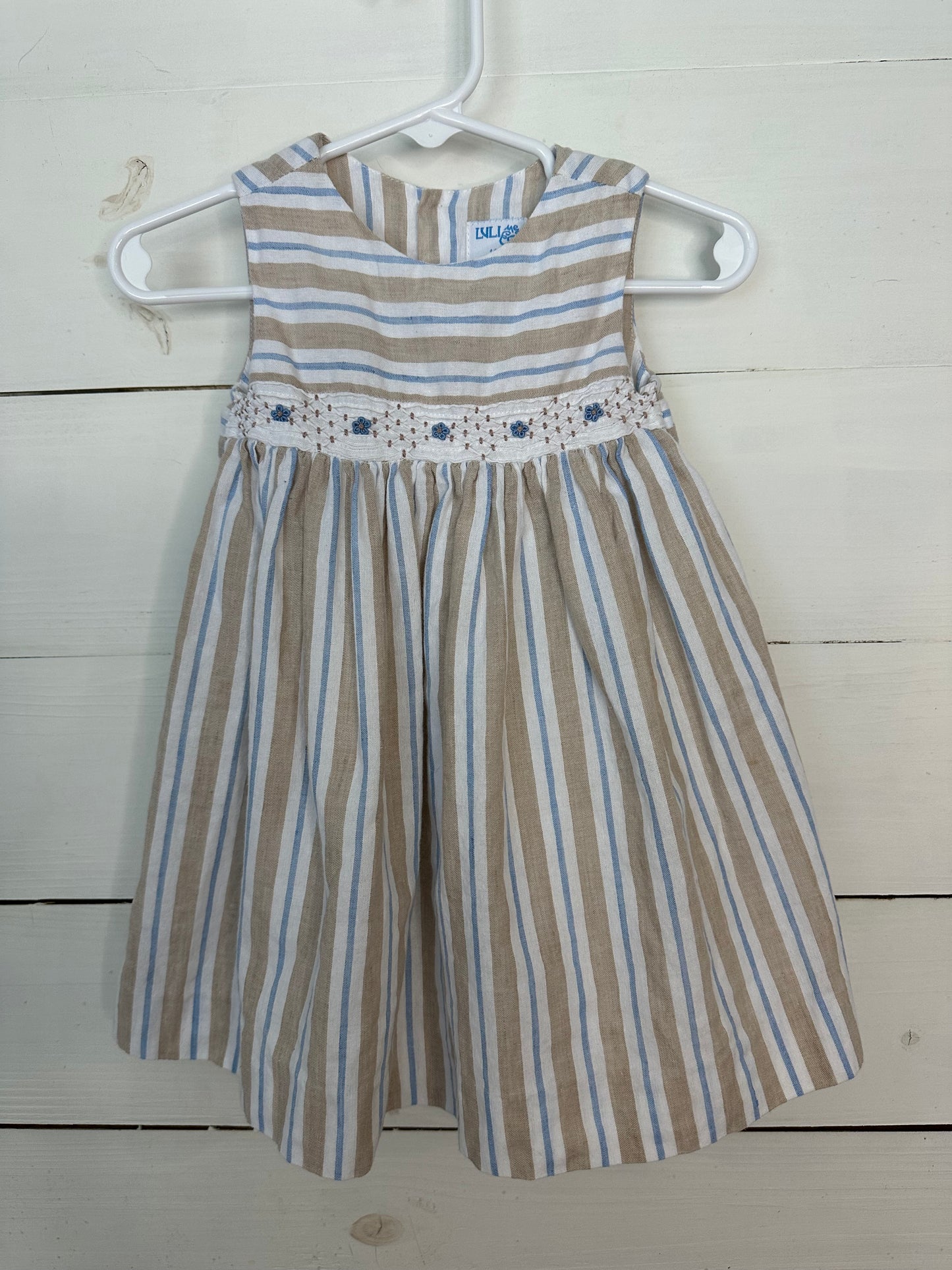 12m - Luli & Me Smocked Dress - Taupe, White, & Blue
