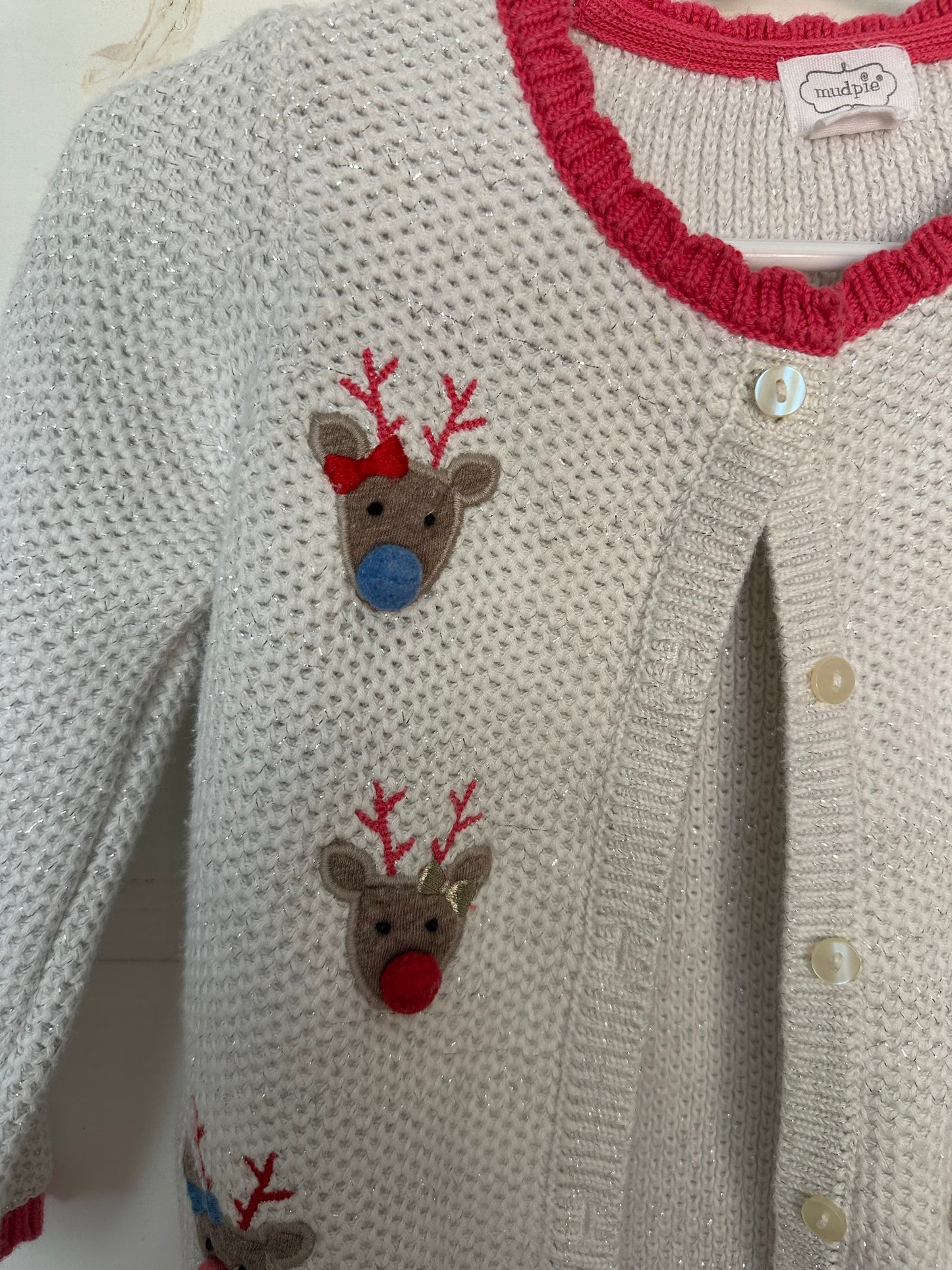 12/18M - Mud Pie Reindeer Sparkle Sweater with Pom Pom Noses