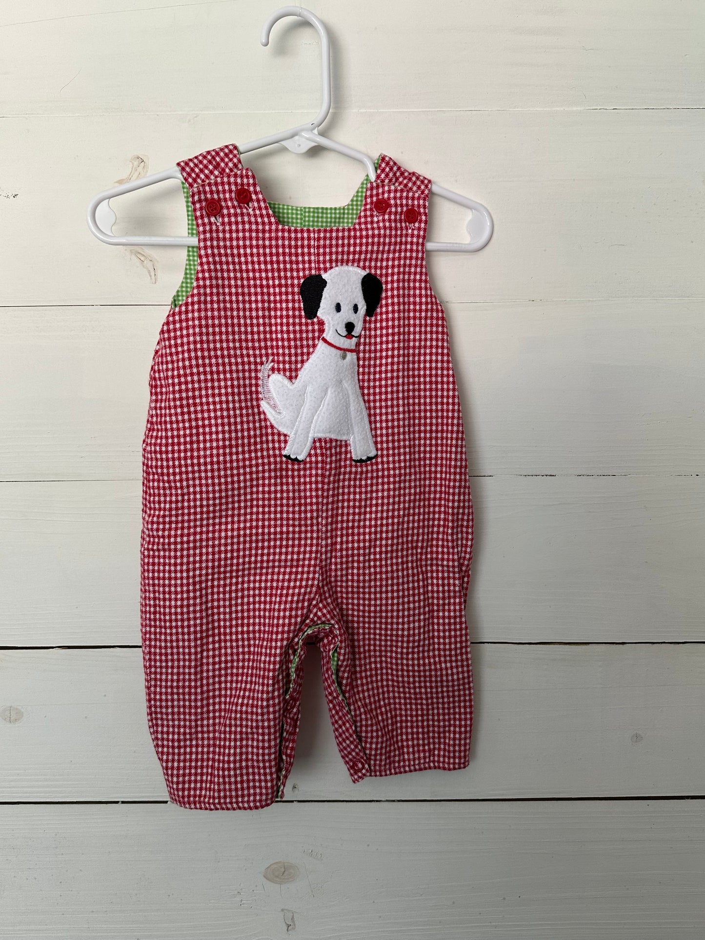 The Bailey Boys - Reversible Overalls Red Gingham with white dog - green gingham with sports balls with santa hats