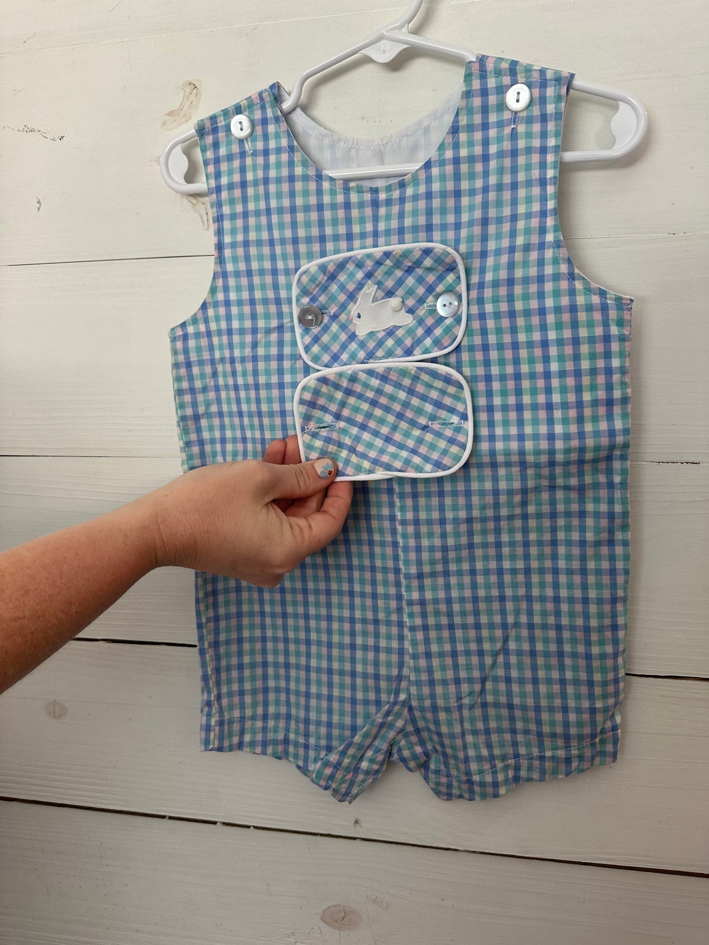 Funtasia! Spring Gingham Jon Jon with appliqued bunny button on chest plate and secondary plain ginham plate - versatile
