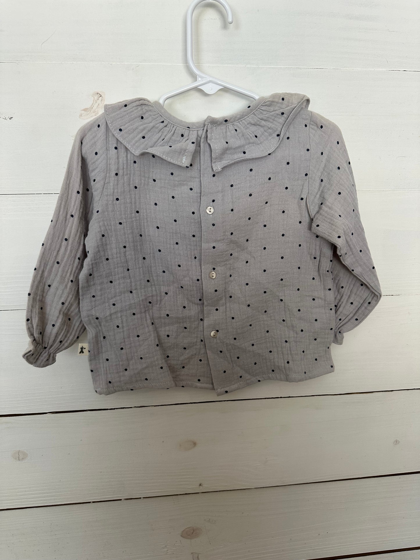 Lauren Alexandra Dusty Blue Muslin Blouse with Polka Dots and Ruffle Collar