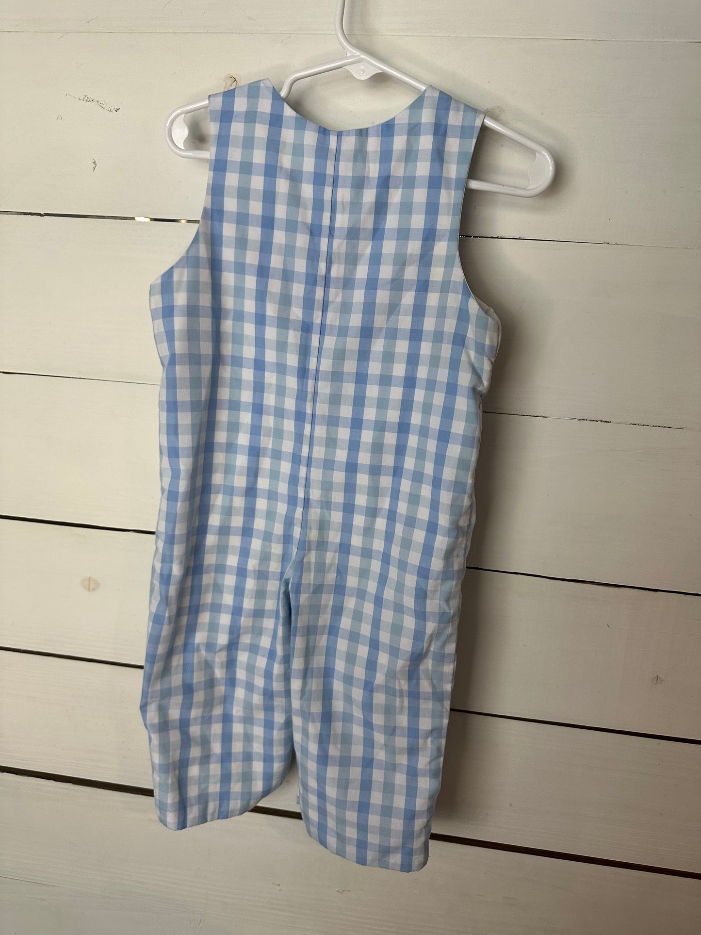 12M - Stitchy Fish Blue Gingham Longalls with Polka Dot Puppy Smocking