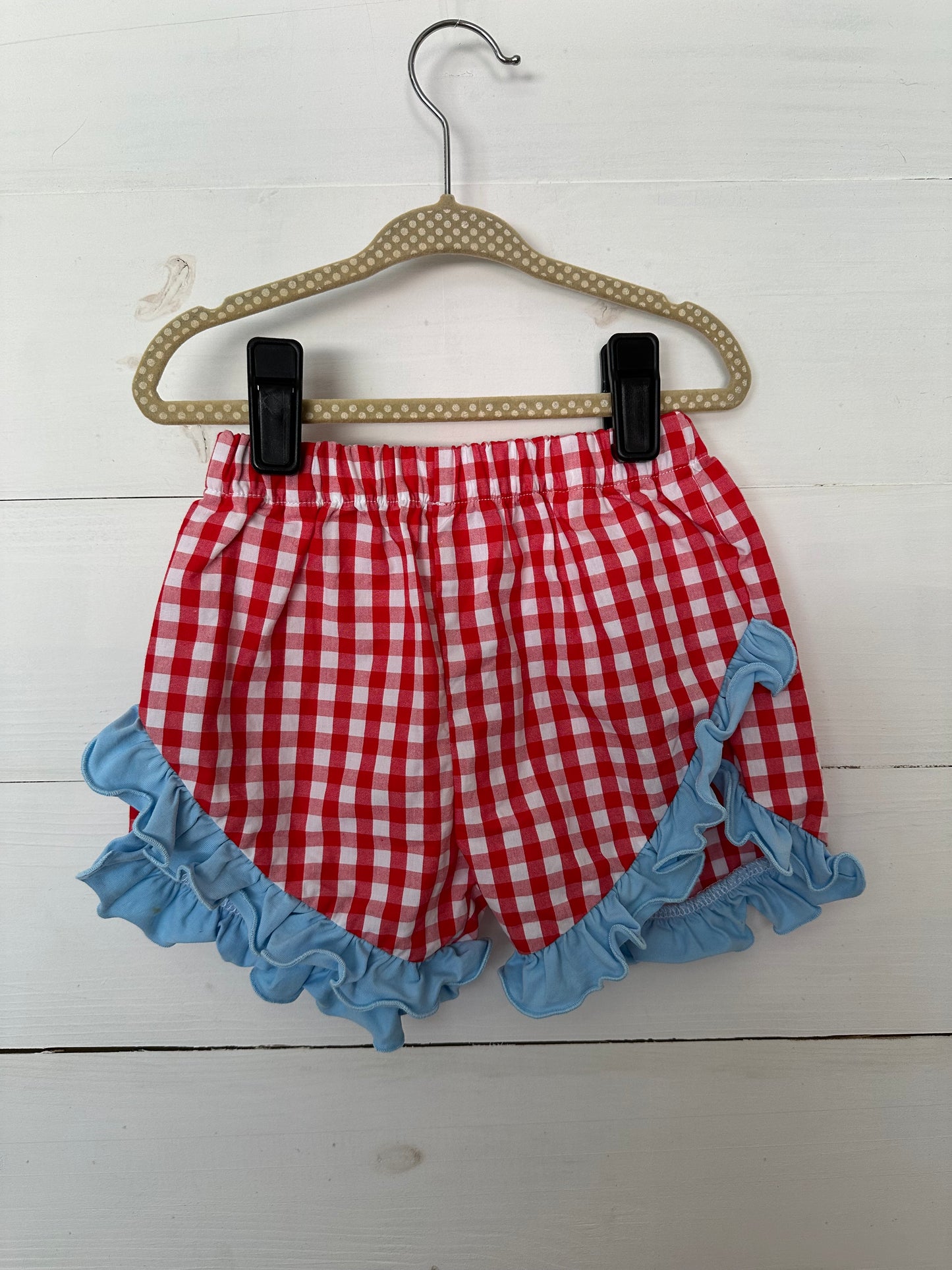 MK Clothing Designs - Light blue and red gingham toy story character set - smocked top and shorts