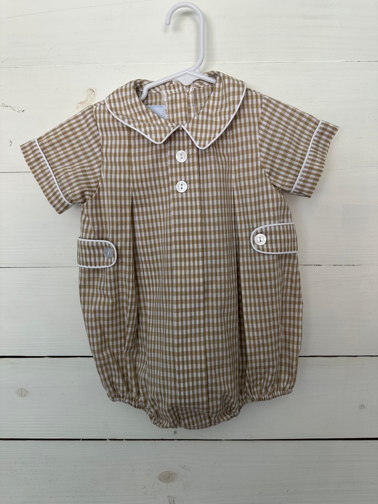 Little English: Tan Gingham Bubble with Peter Pan Collar and White Trim