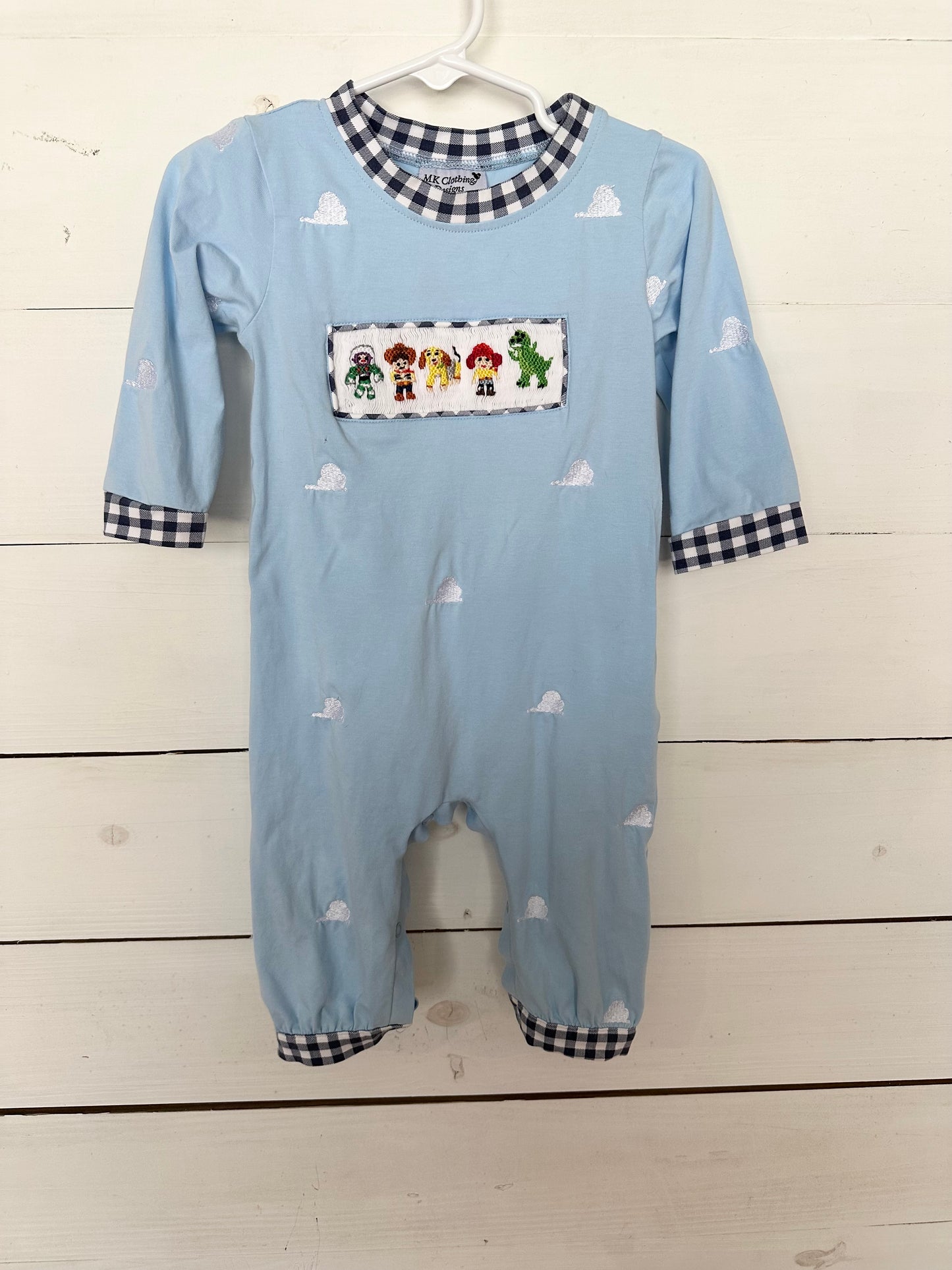 MK Clothing Designs - Smoked Toy Story Characters Baby Blue Romper with Embroidered Clouds and Navy Gingham Details