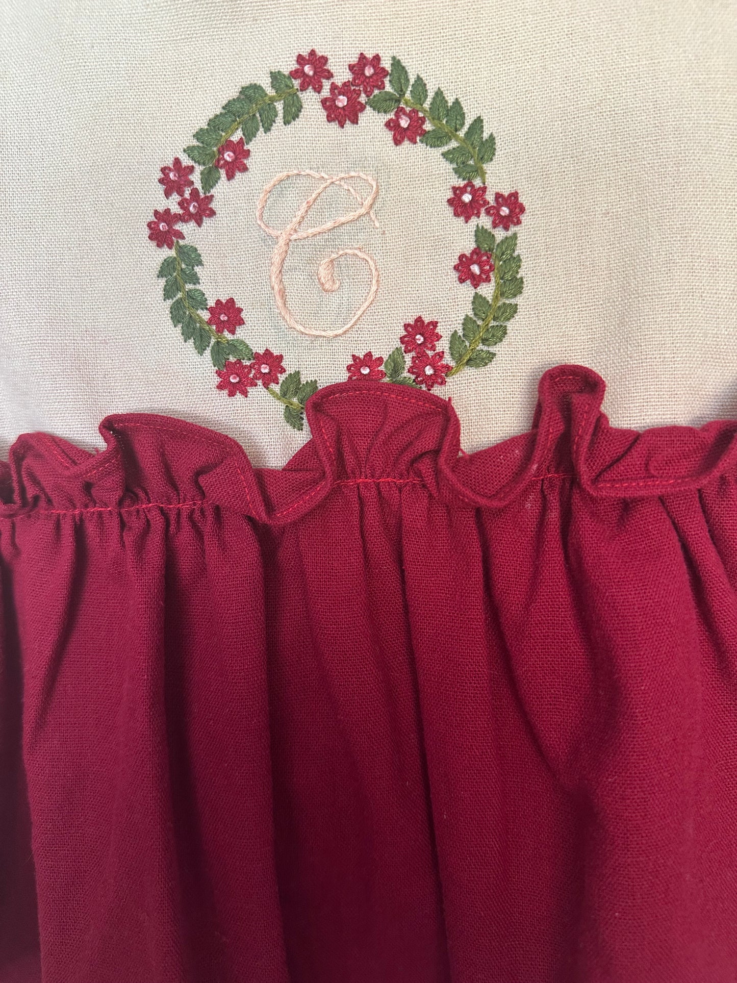 2T - Smock The Flock - Hand Embroidered Maroon, Taupe, and Green Color Blocked Dress with C Personalization