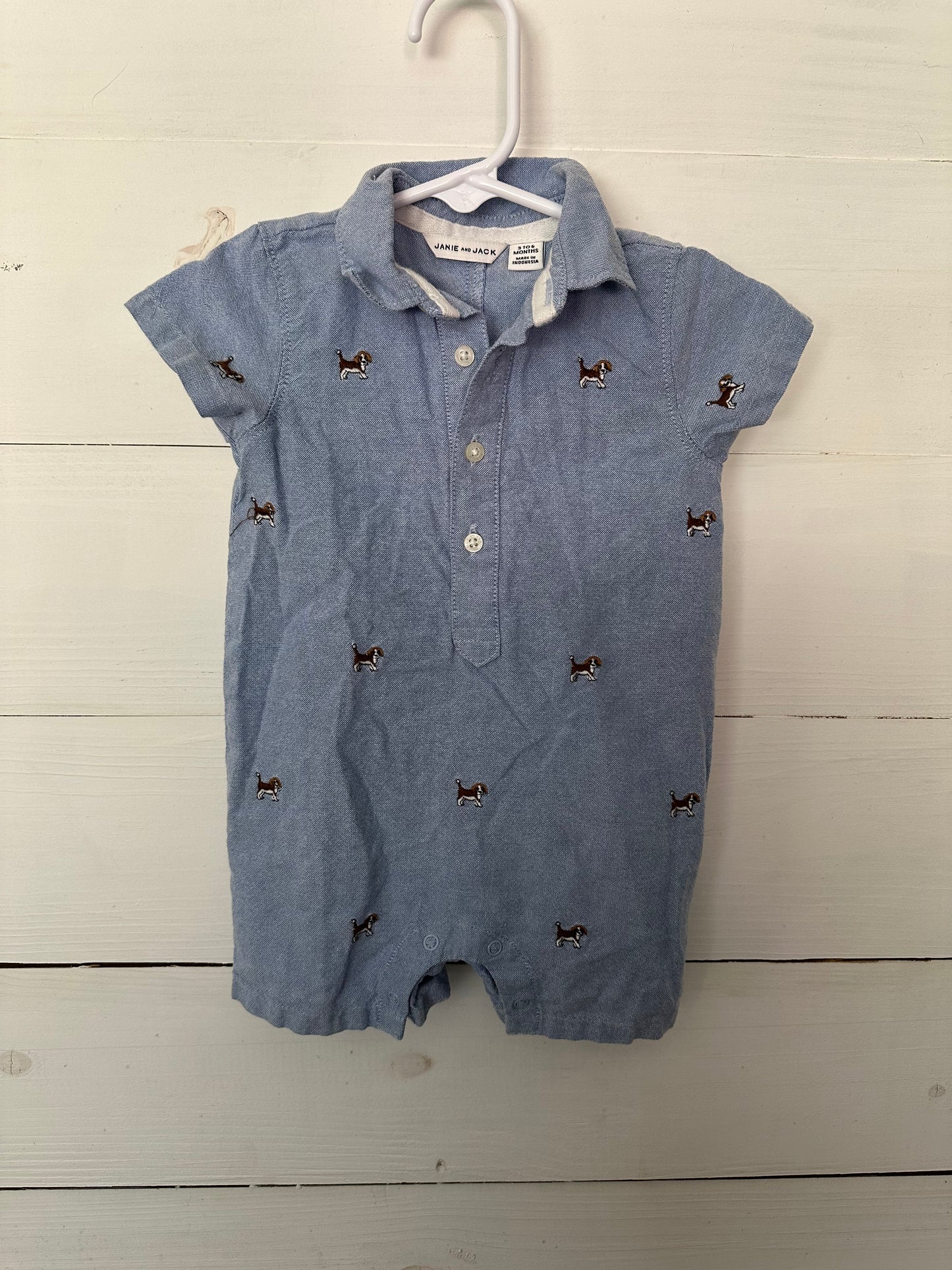 Janie and Jack Chambray Romper with embroidered dogs