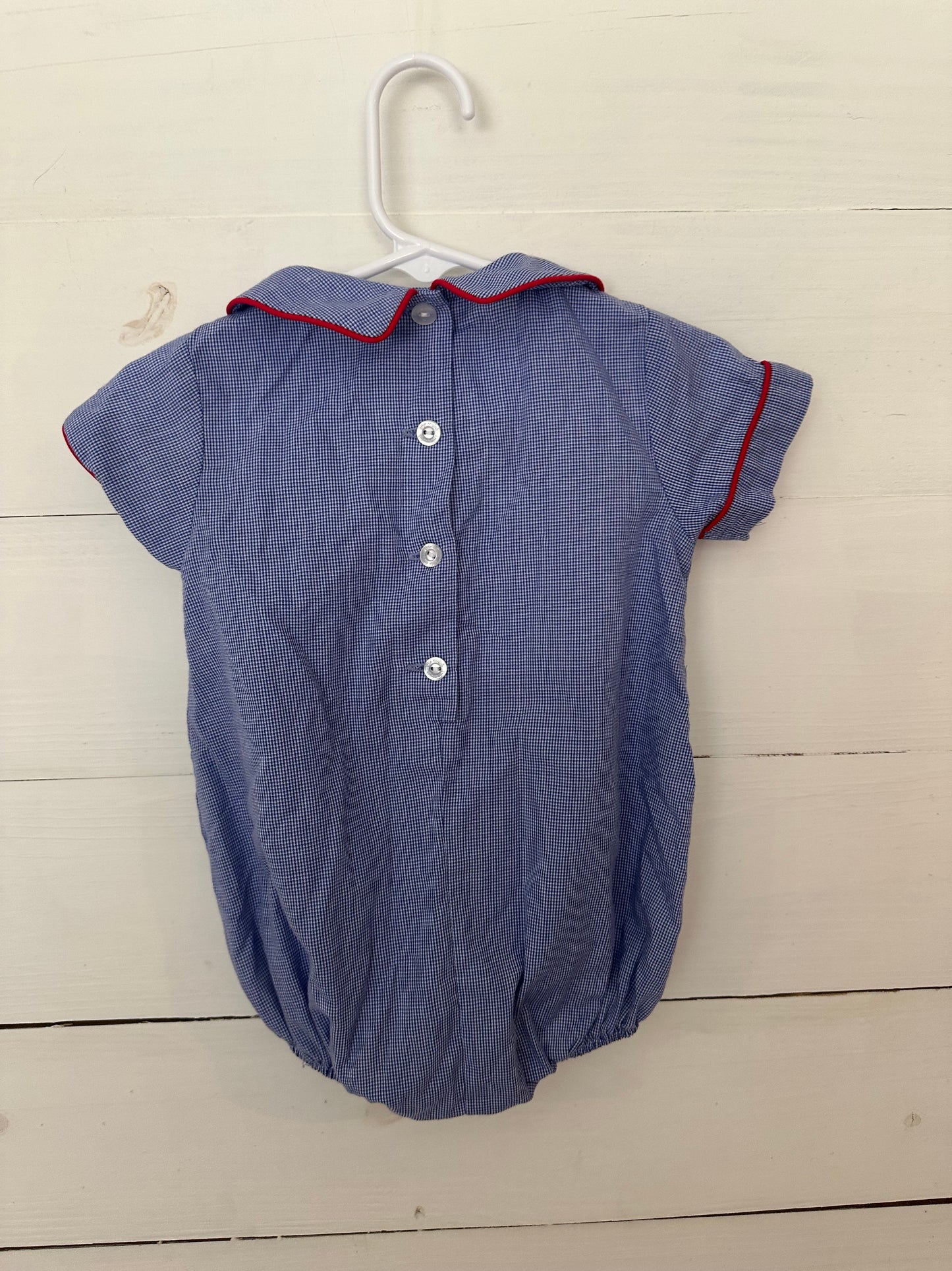 Little English: Navy blue mini gingham bubble with smocked firetruck and peter pan collar