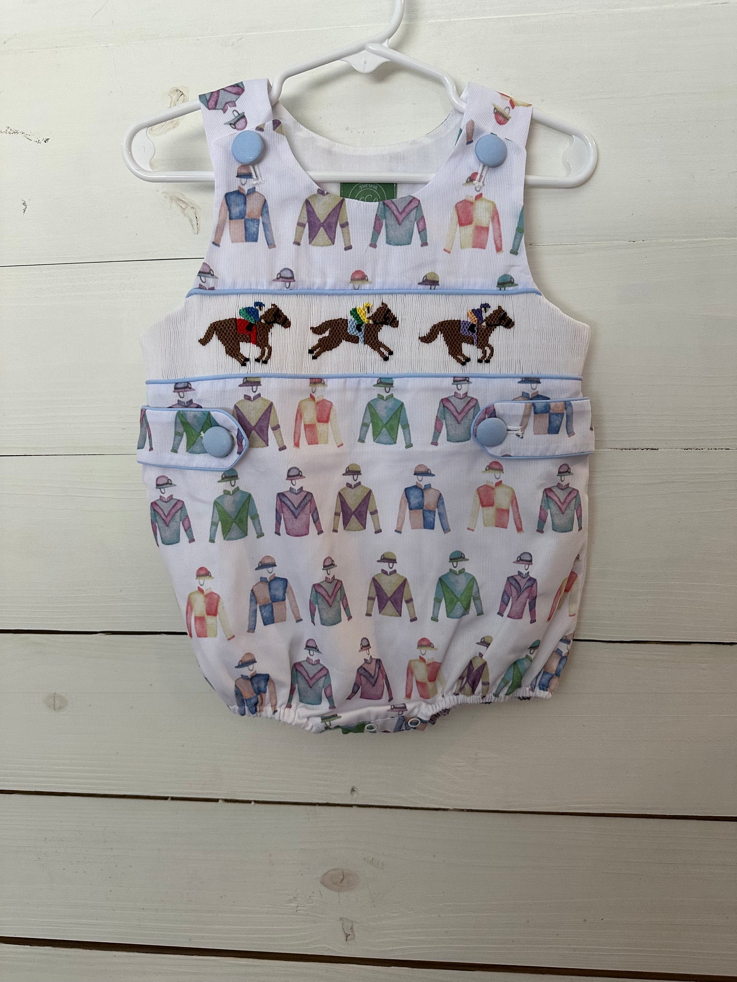 The Sage Smocking Company - Kentucky Derby Romper Smocked with horses and jockey