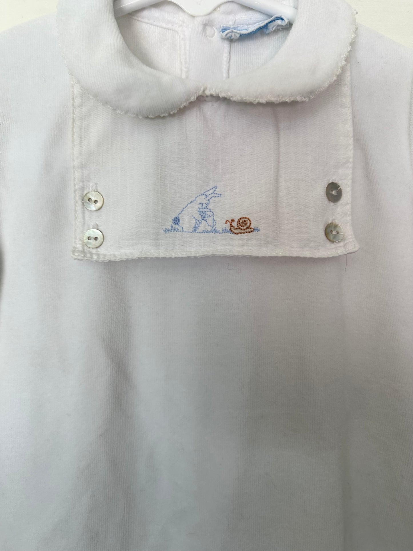 0-3M Jacadi White Velour Romper with embroidered bunny & snail