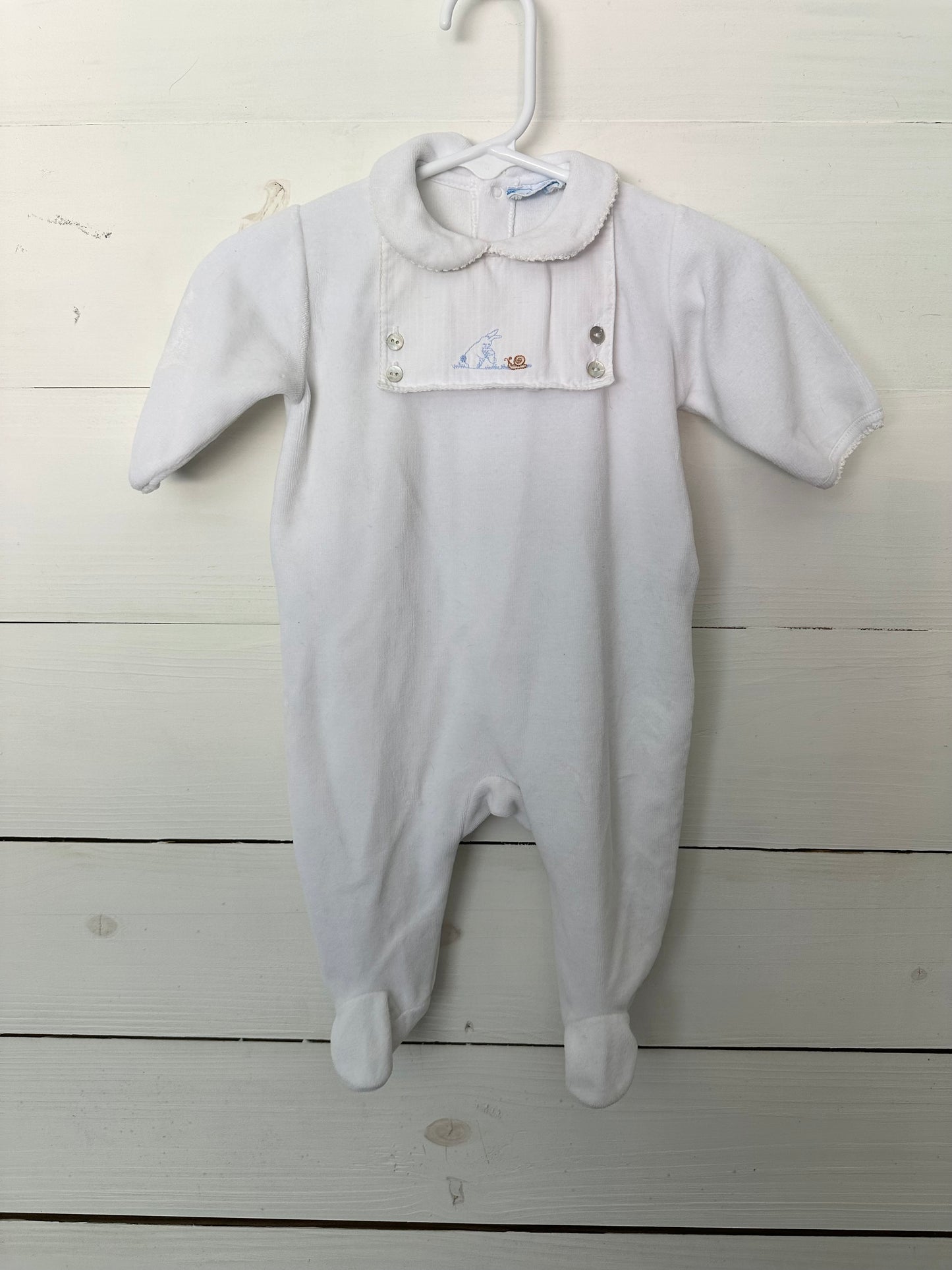 0-3M Jacadi White Velour Romper with embroidered bunny & snail