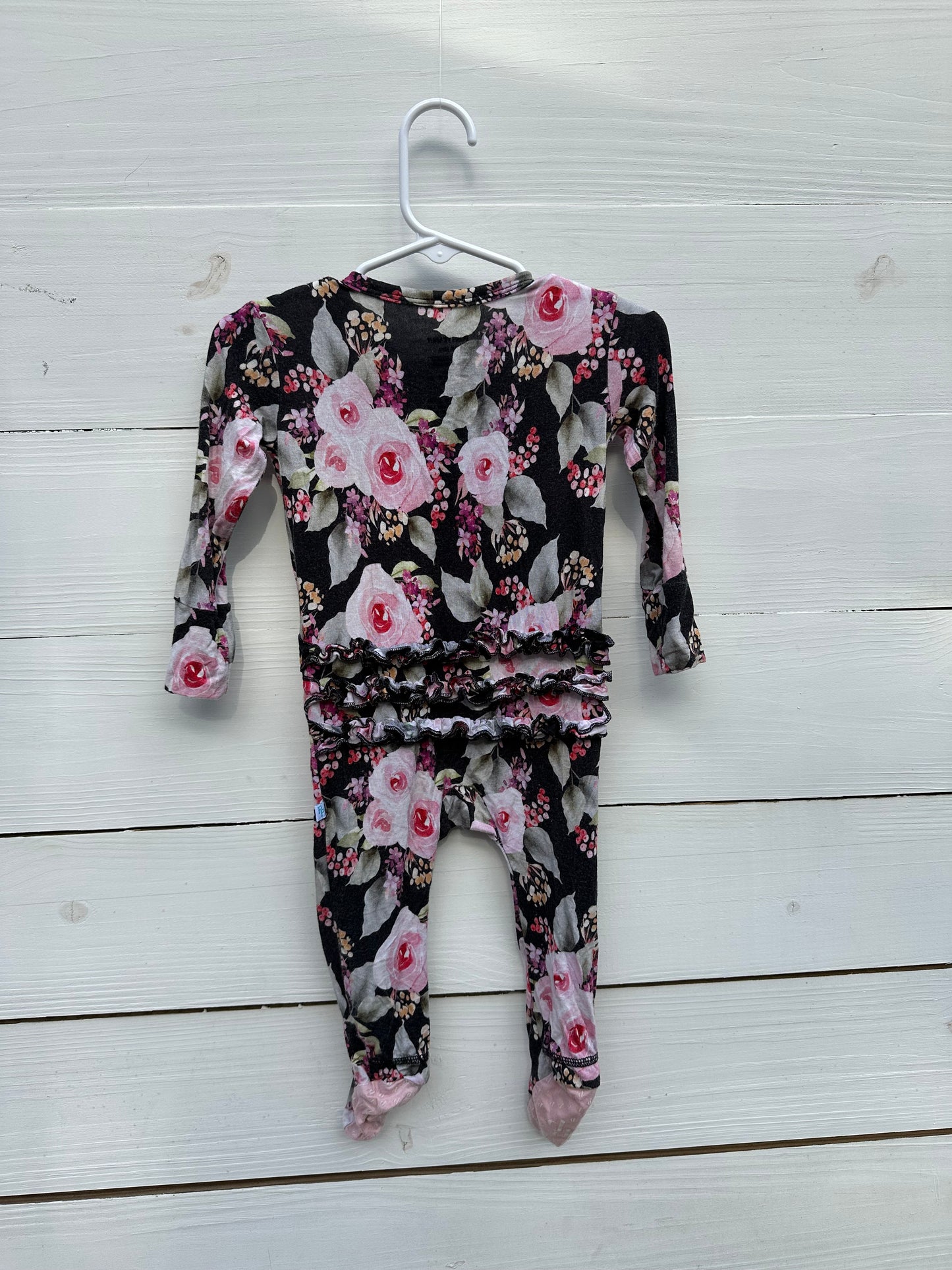 6/9m - Posh Peanut Black and Pinks Floral Jammies - Grippy Feet, Double Zipper, and Ruffle Butt